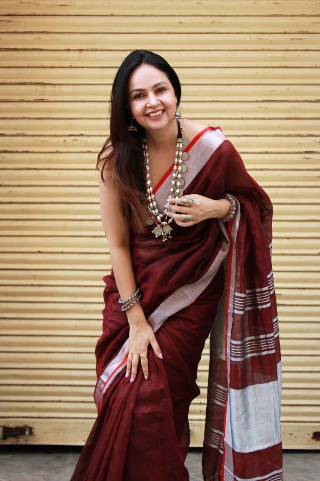 Red Style linen saree