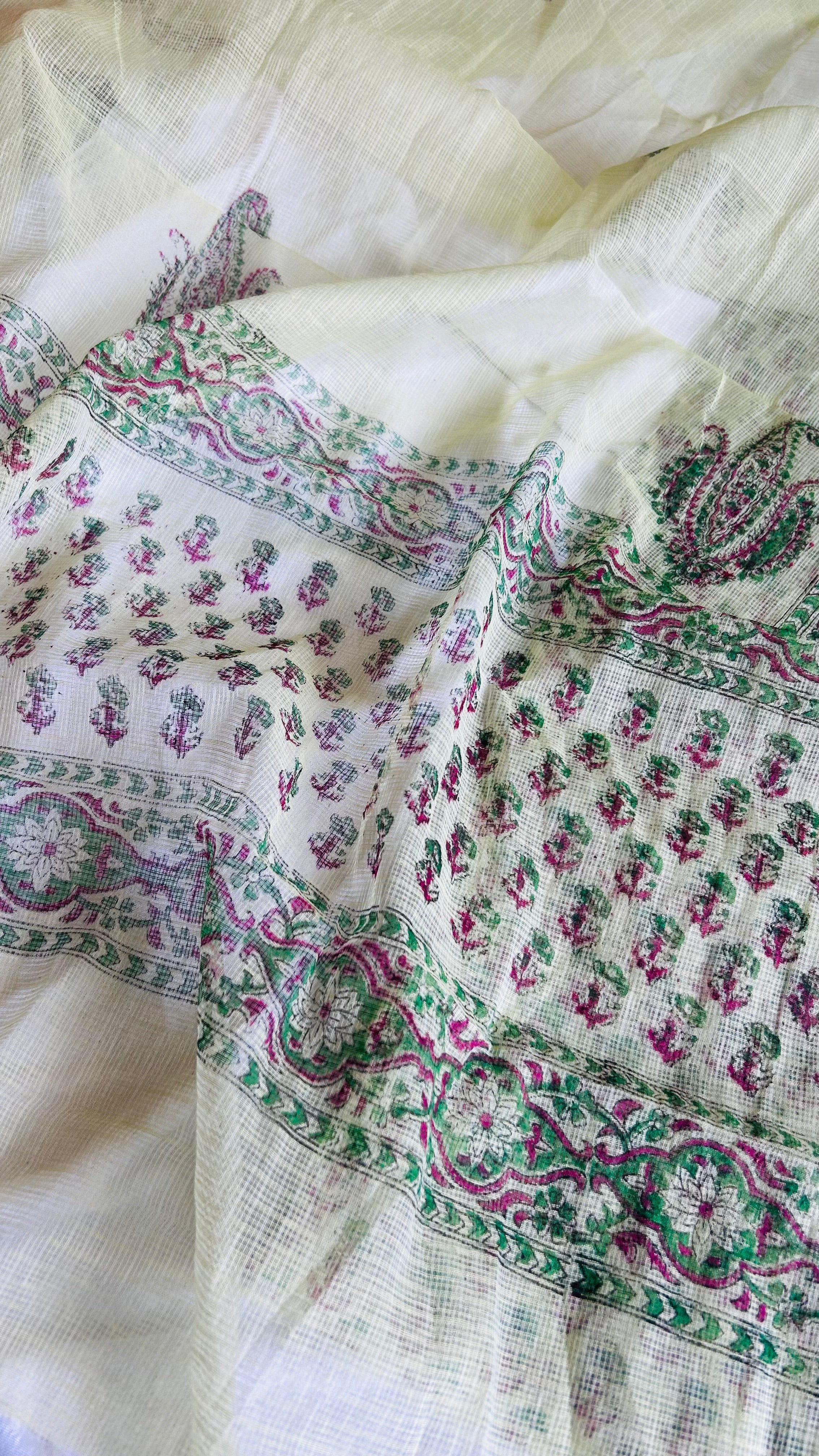 Summer Look Kota Doria Hand Block Print Suit In Olive Green (unstitched)