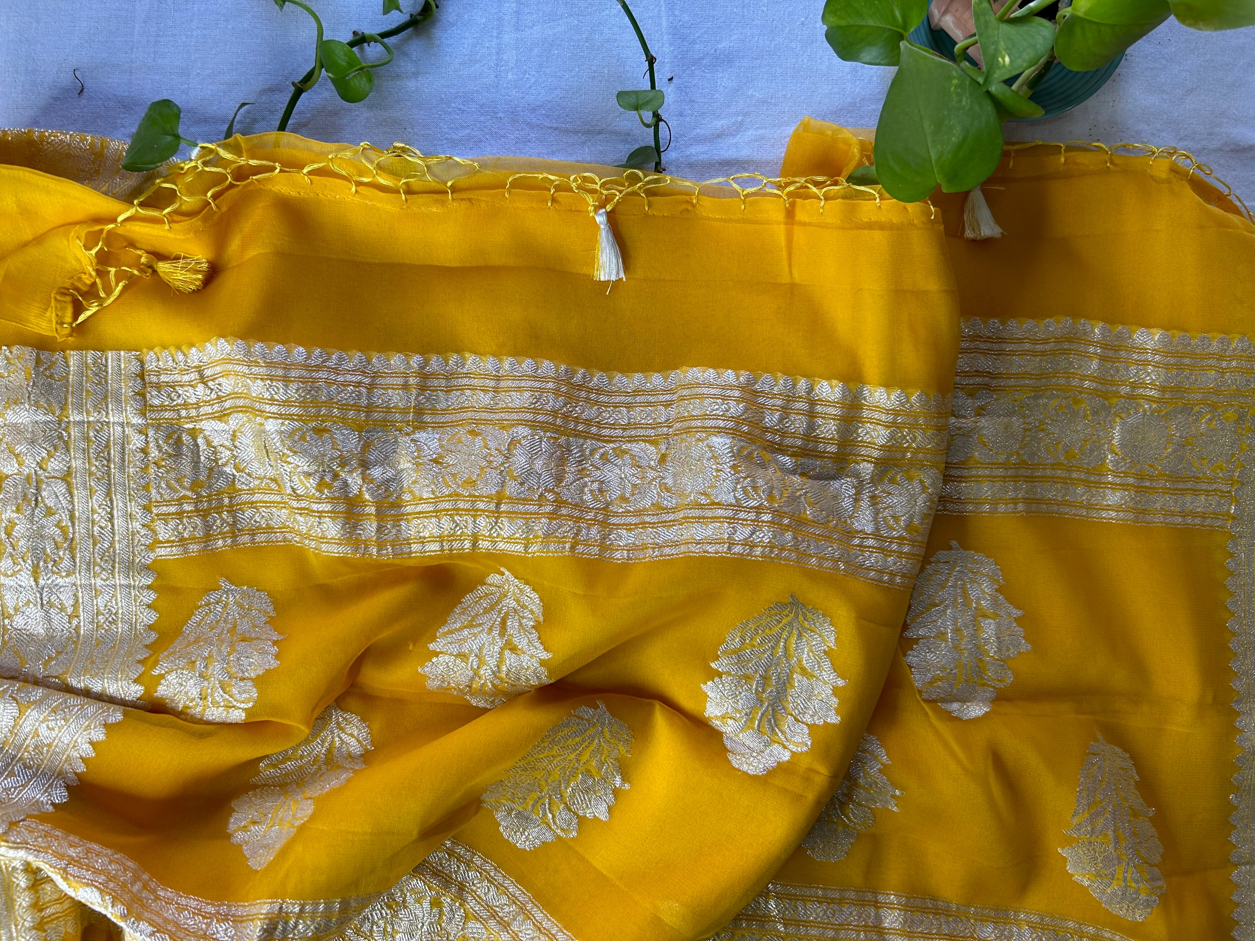 Haldi Yellow Banarasi Khaddi Georgette Jaal Saree