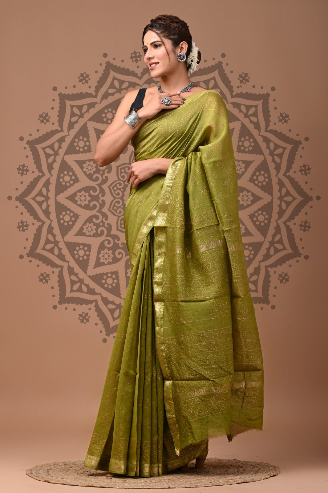 Green Maheshwari Bagru Print Saree