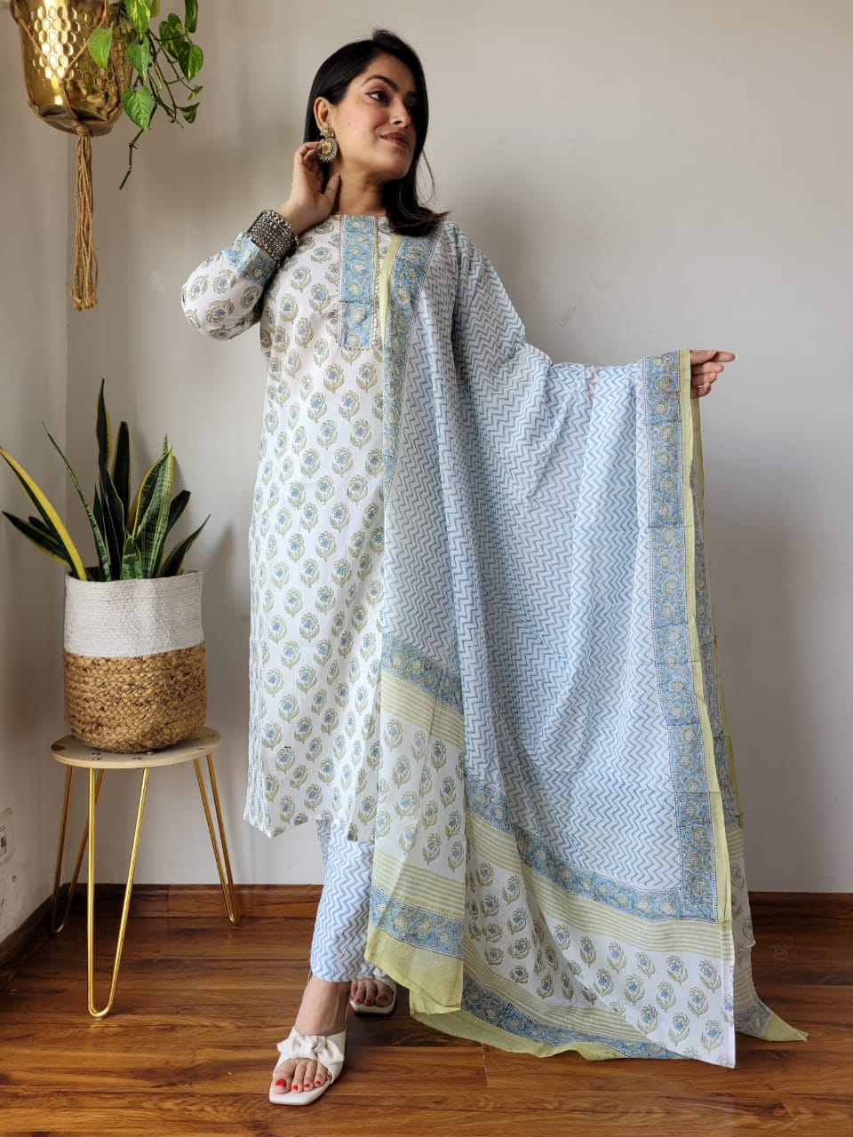 White Blue Block Print Suit Set With Dupatta