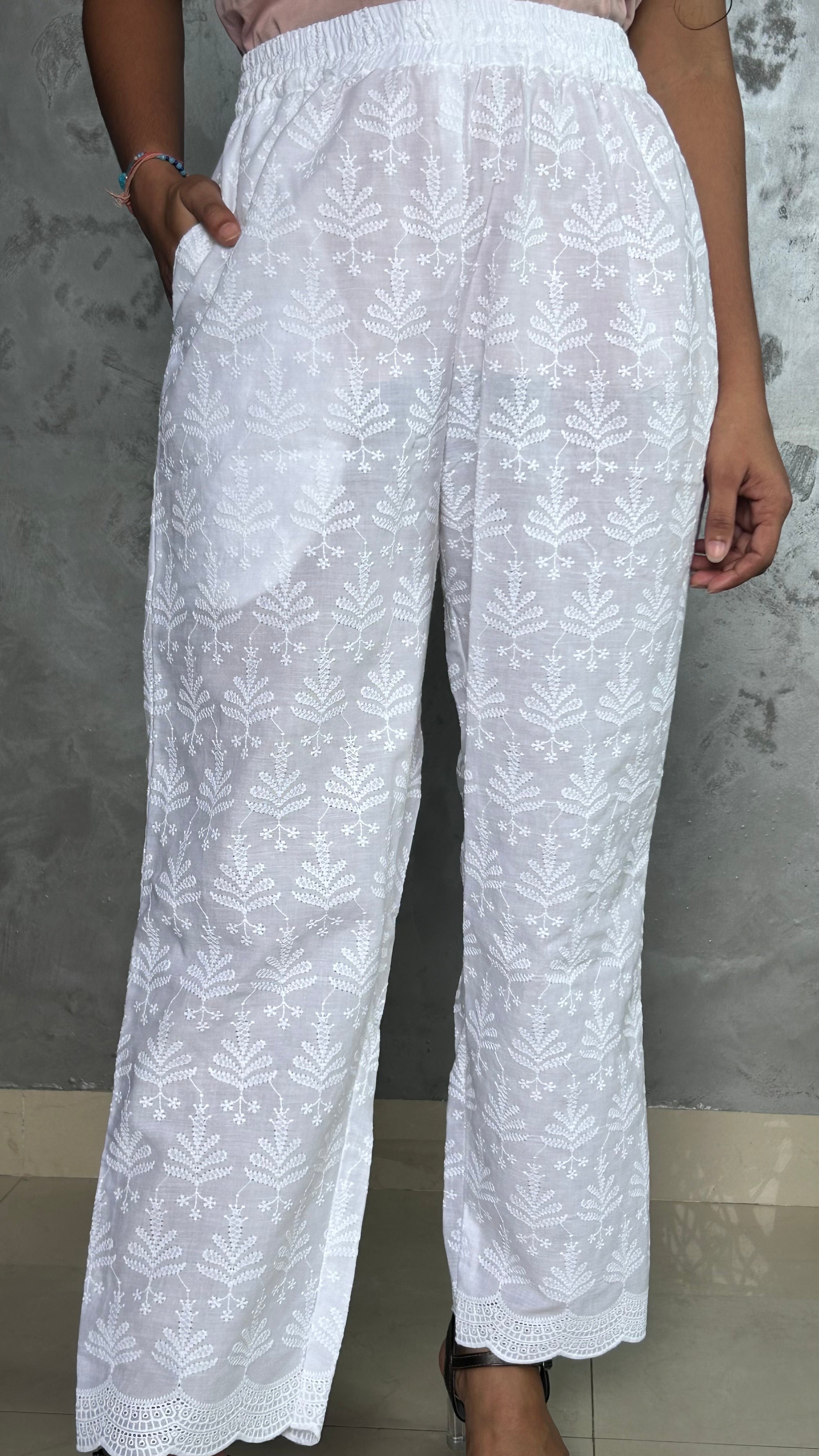 White Full Chikankari Embroidery Work Straight Pant In Cotton