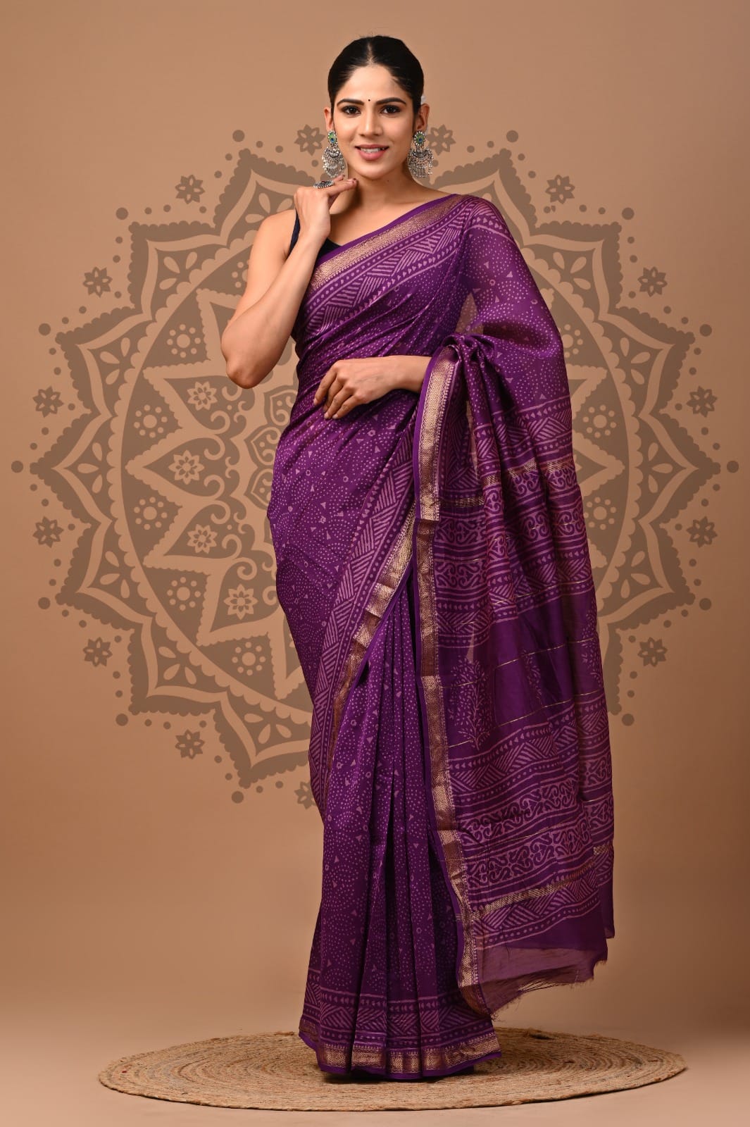 Purple Maheshwari Bagru Block Print Saree