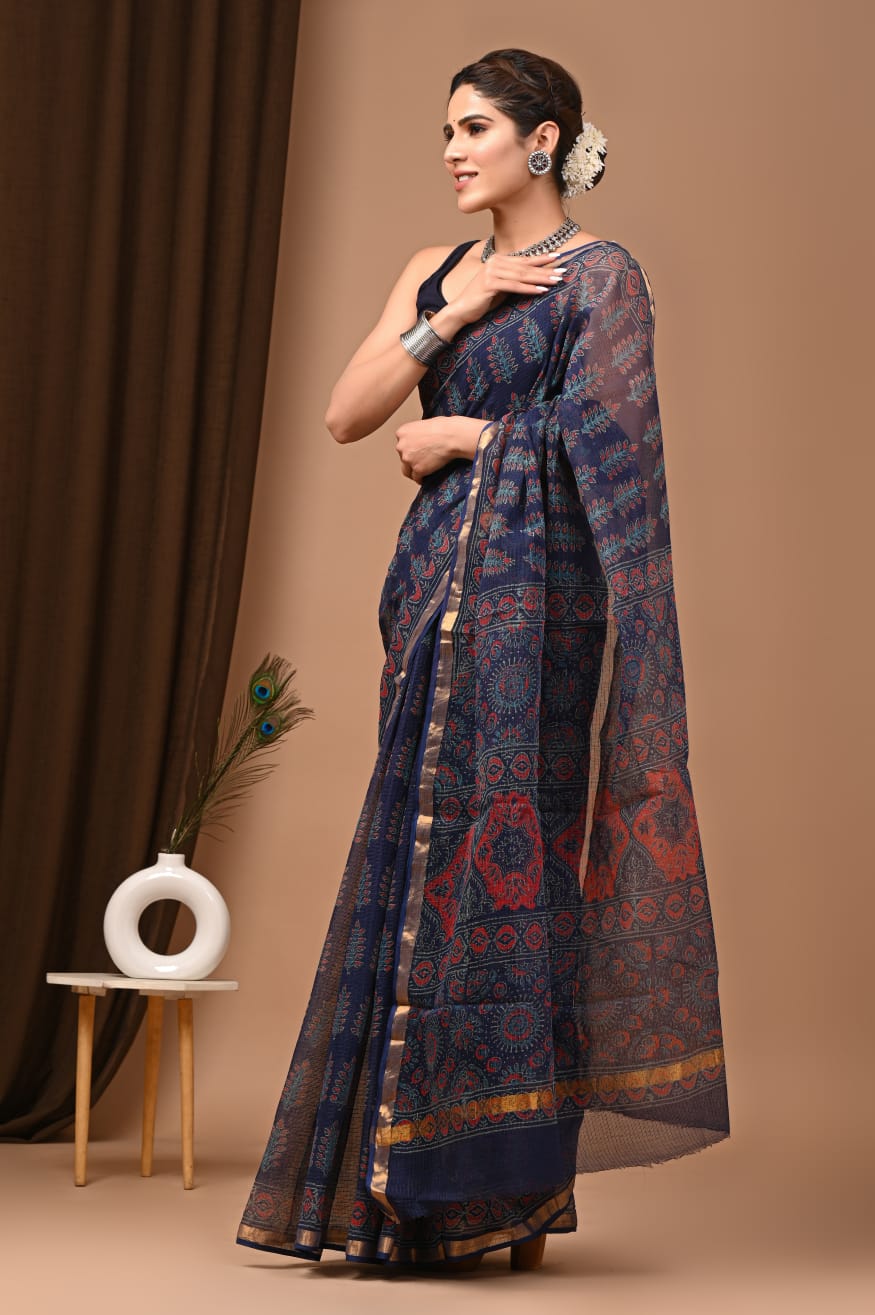 Trending Navy Blue Kota Doria Dot Print Saree