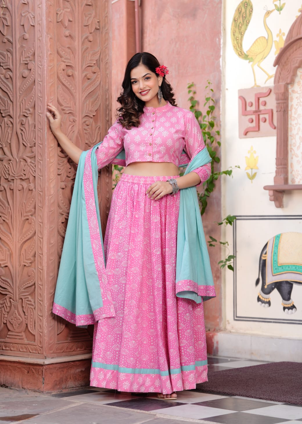 Pink Dandia Block Print Flora lehenga choli Set