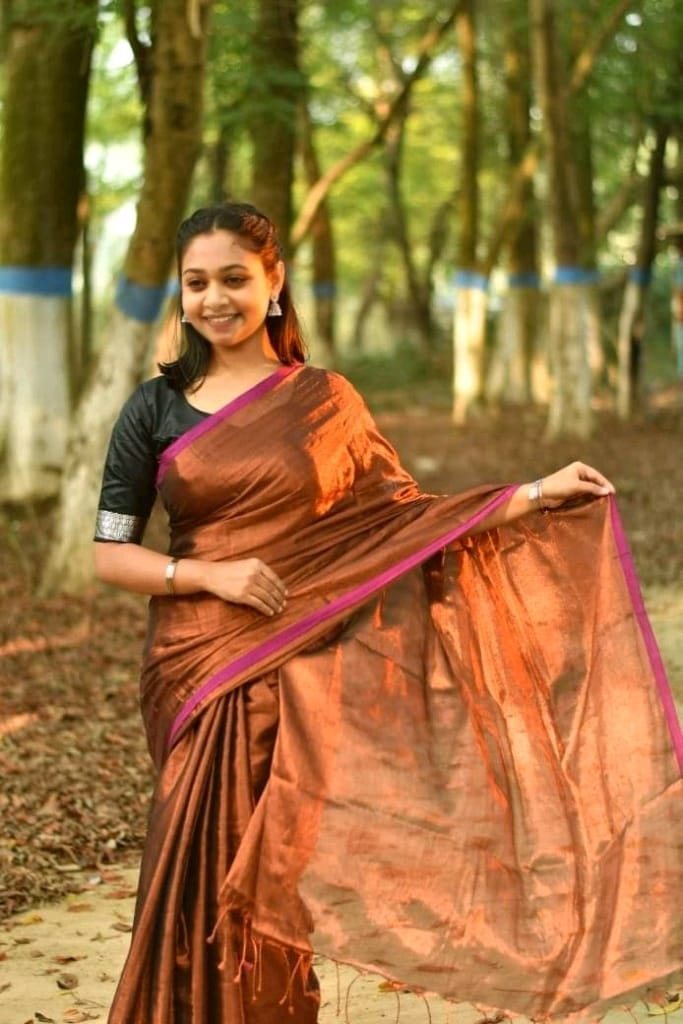 Copper Color Tissue Silk Saree With Blouse