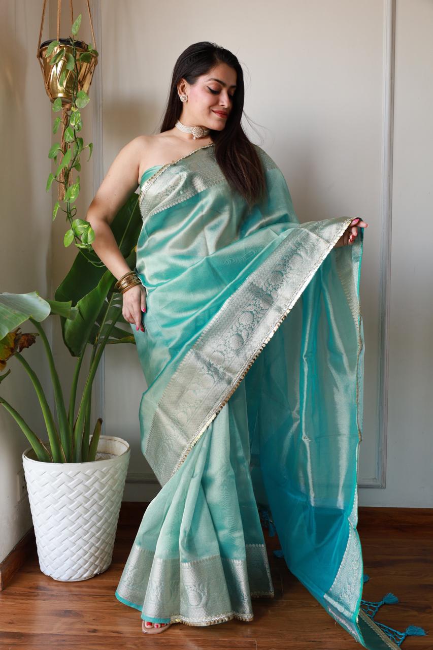 Celebrity Look Blue Tissue Saree