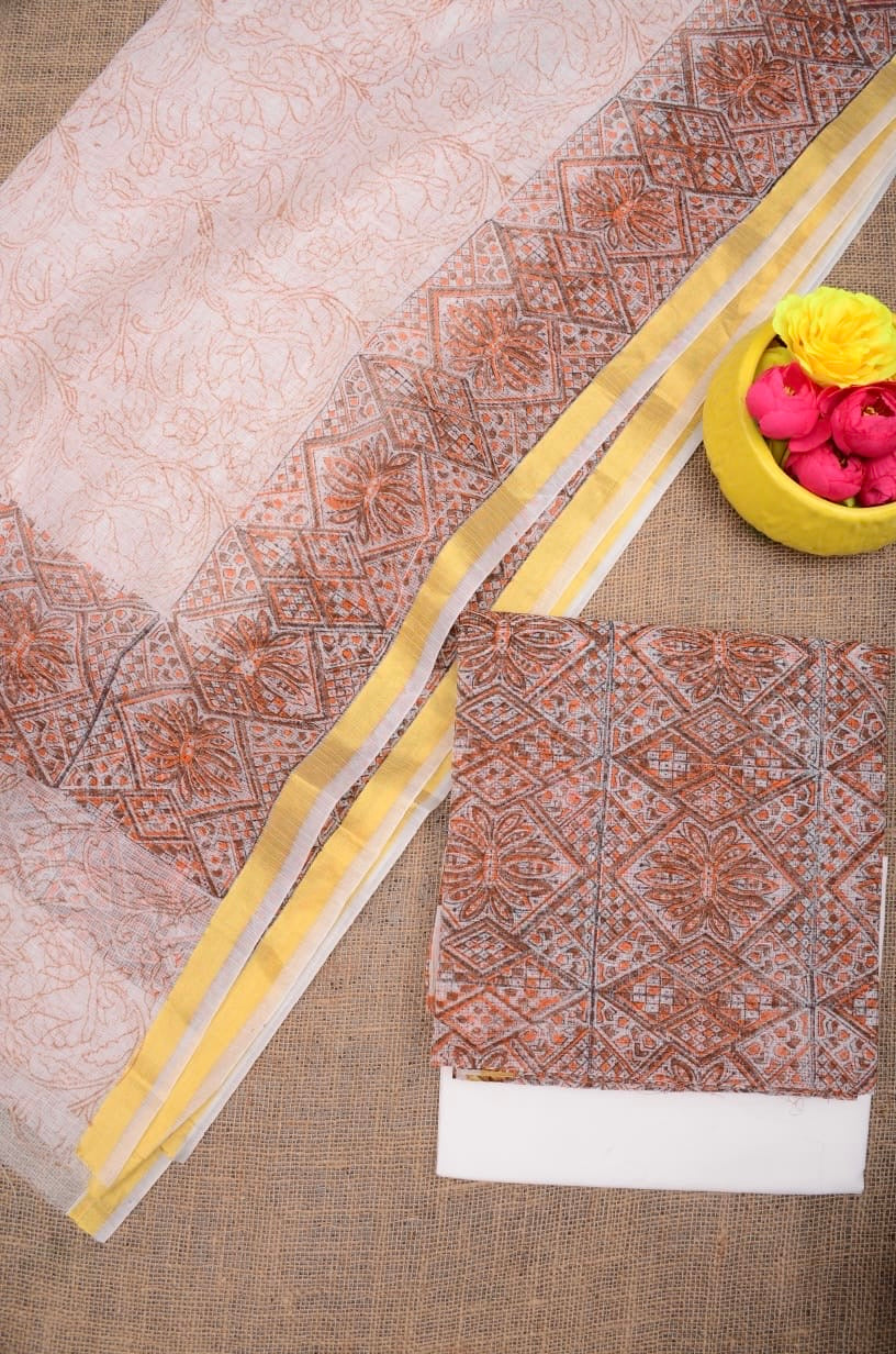 Summer Look Kota Doria Hand Block Print Suit In Cream (unstitched)