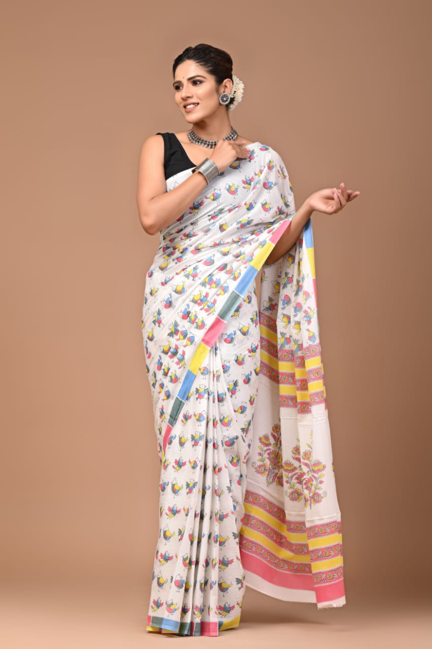 Multicolor Floral Hand Block Print MulMul Cotton Saree