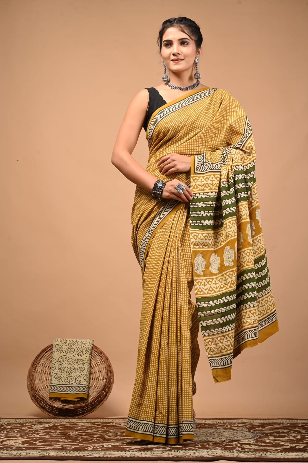 Gold Yellow Floral Hand Block Print MulMul Cotton Saree