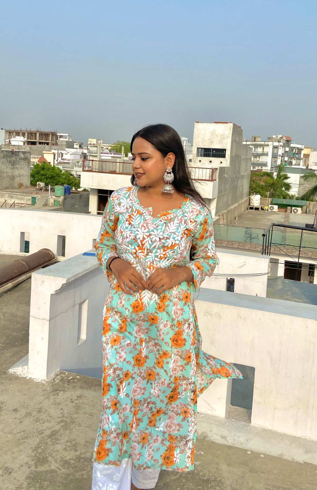 Orange Blue Mul mul cotton chikankari kurti