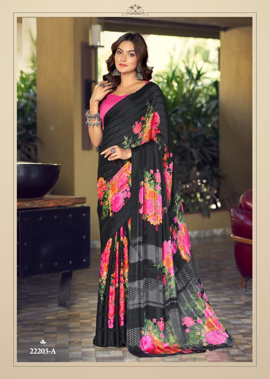 Satin Georgette Silk Saree in pink black