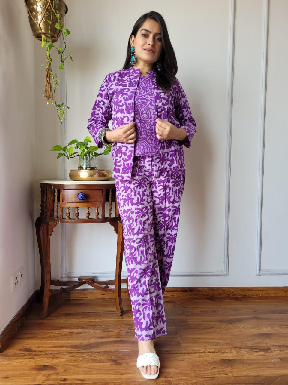 Purple Formal Block Print 3 piece Cord Set