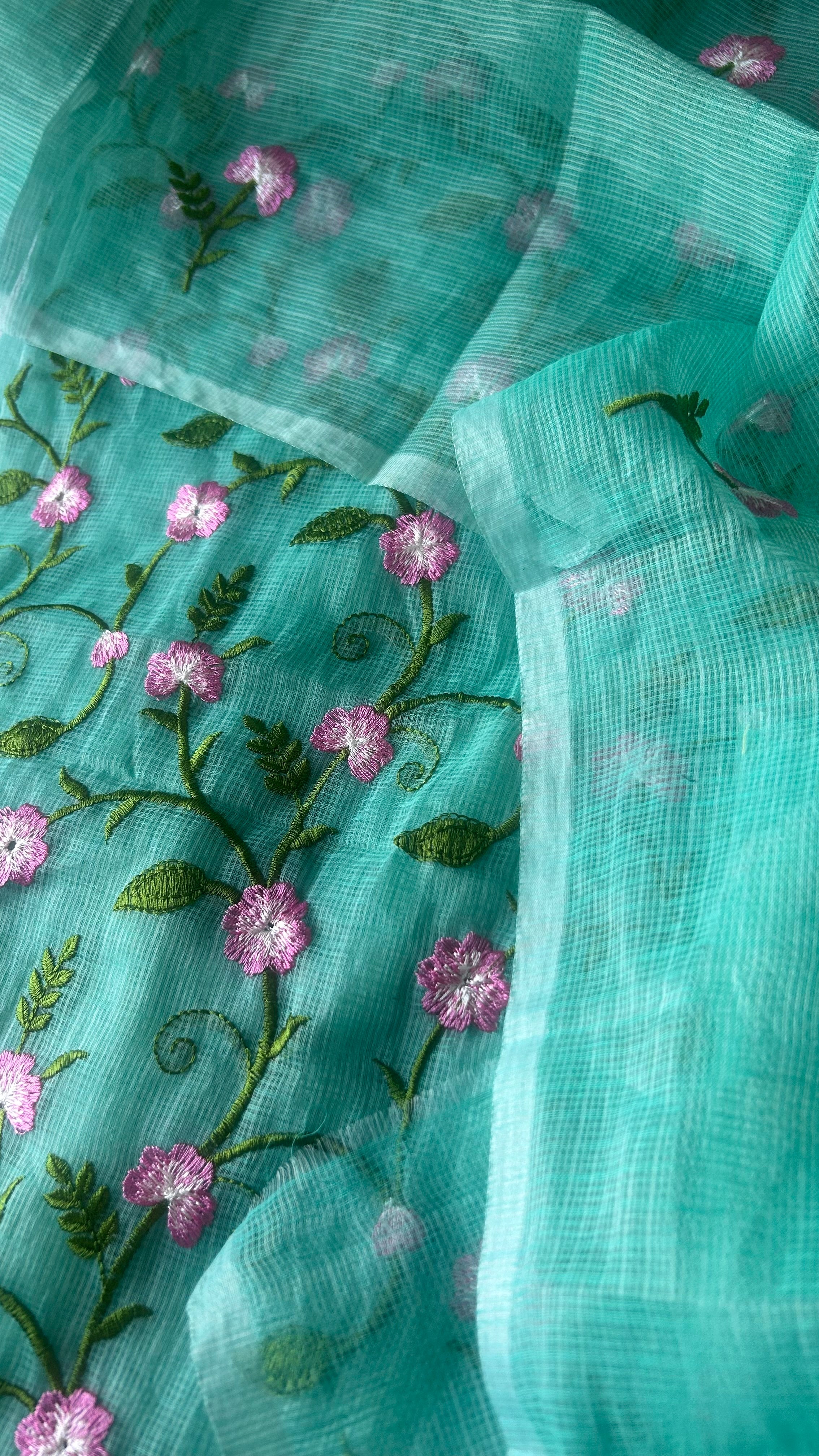 Kota Doria Embroidered Suit Set In Sea Blue