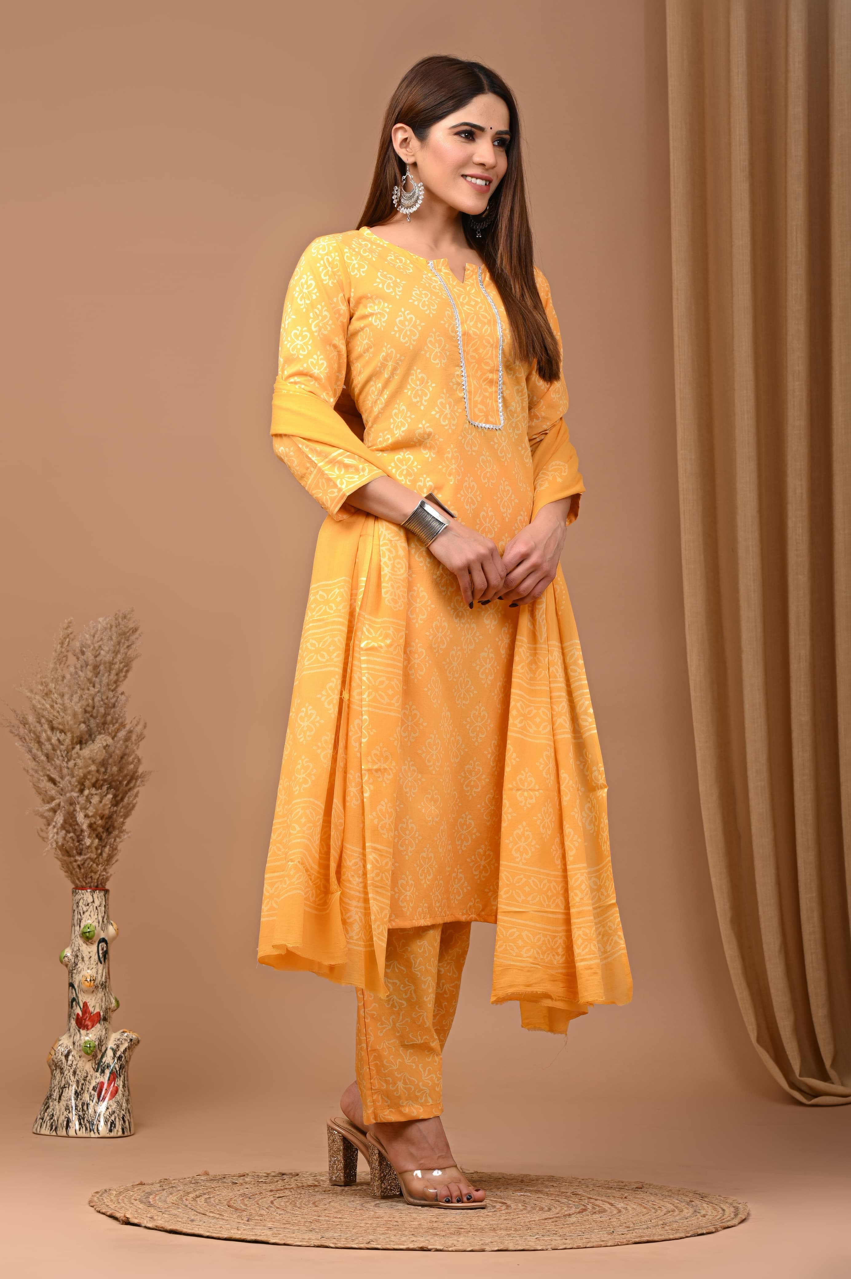 Yellow Block Print Suit Set With Dupatta