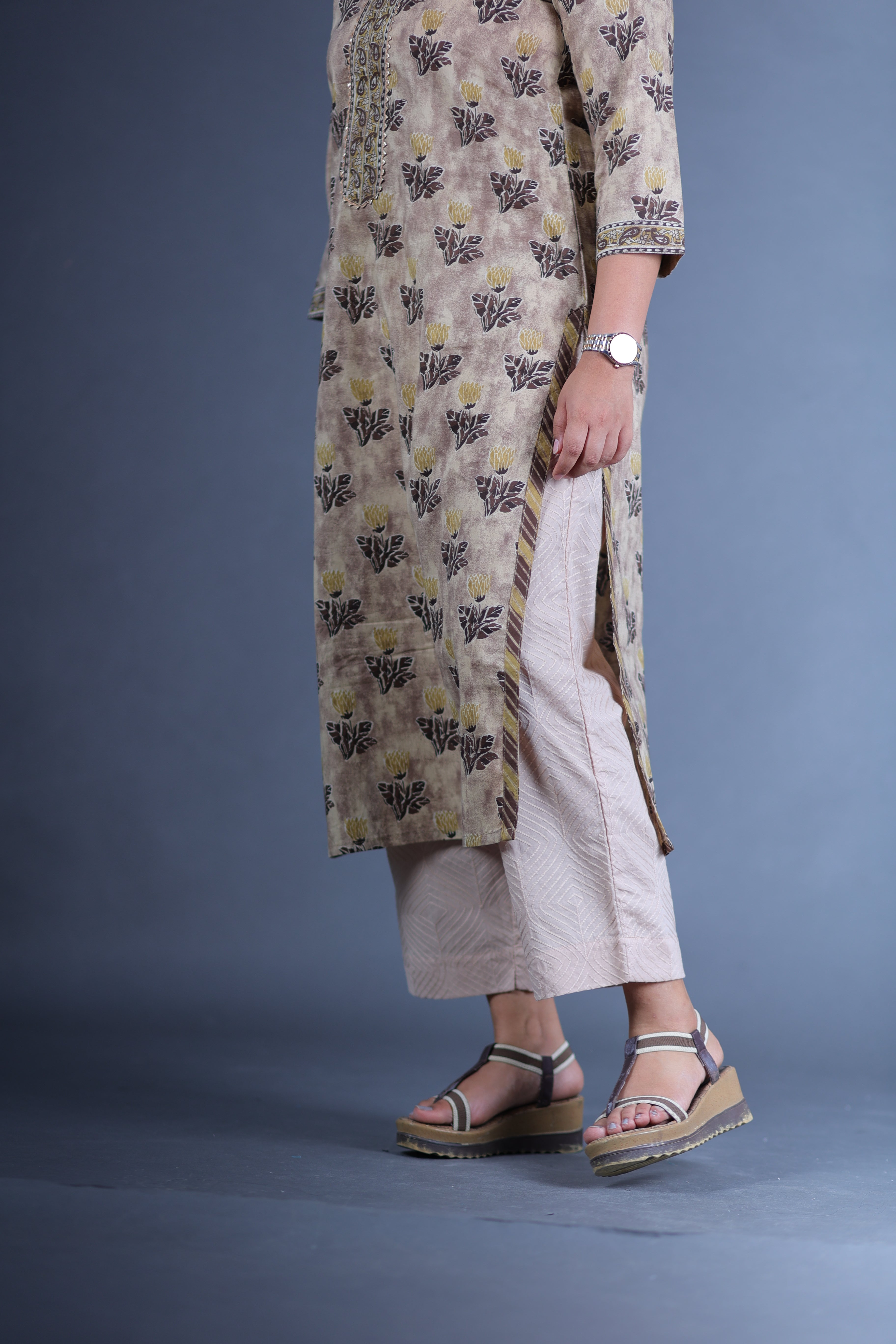 Beige Straight Pant Full thread Work Pant In Cotton