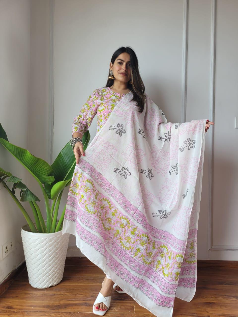 White Block Print Suit Set And Dupatta