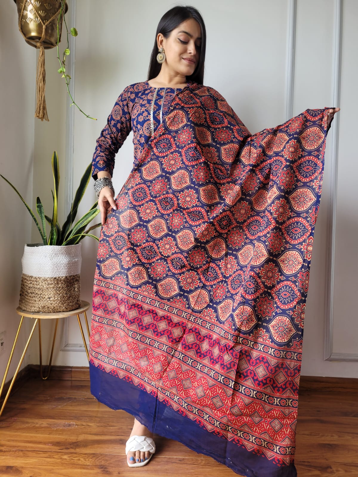 Red Blue Block Print Suit Set With Dupatta