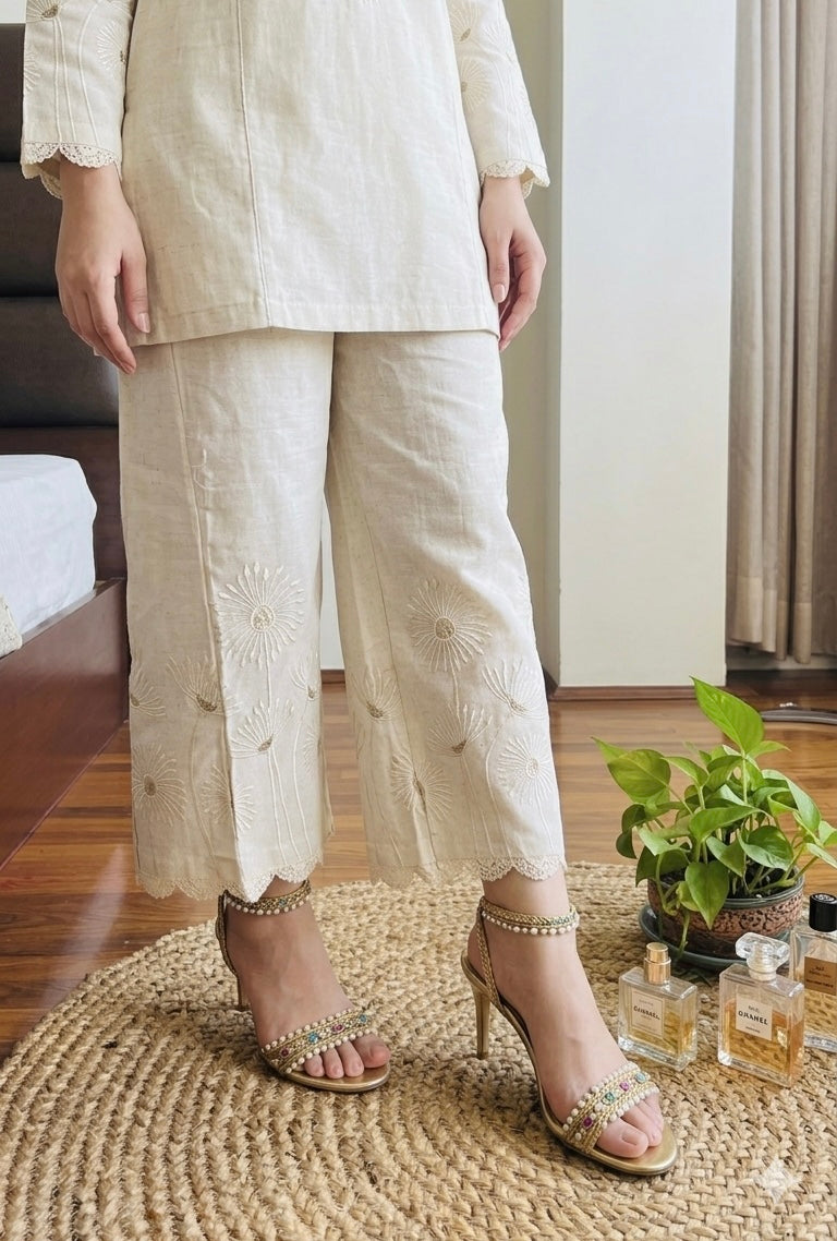 Prisha Cream Flower Embroidery Straight Pant In Cotton For Women