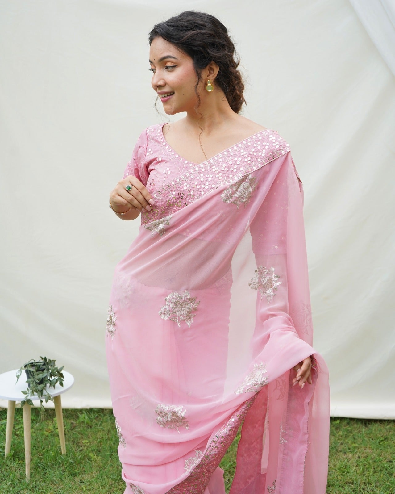 Shop Baby Pink Embroidered Tussar Georgette Sari Online USA – Pure Elegance