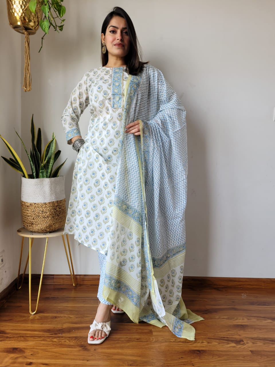 White Blue Block Print Suit Set With Dupatta