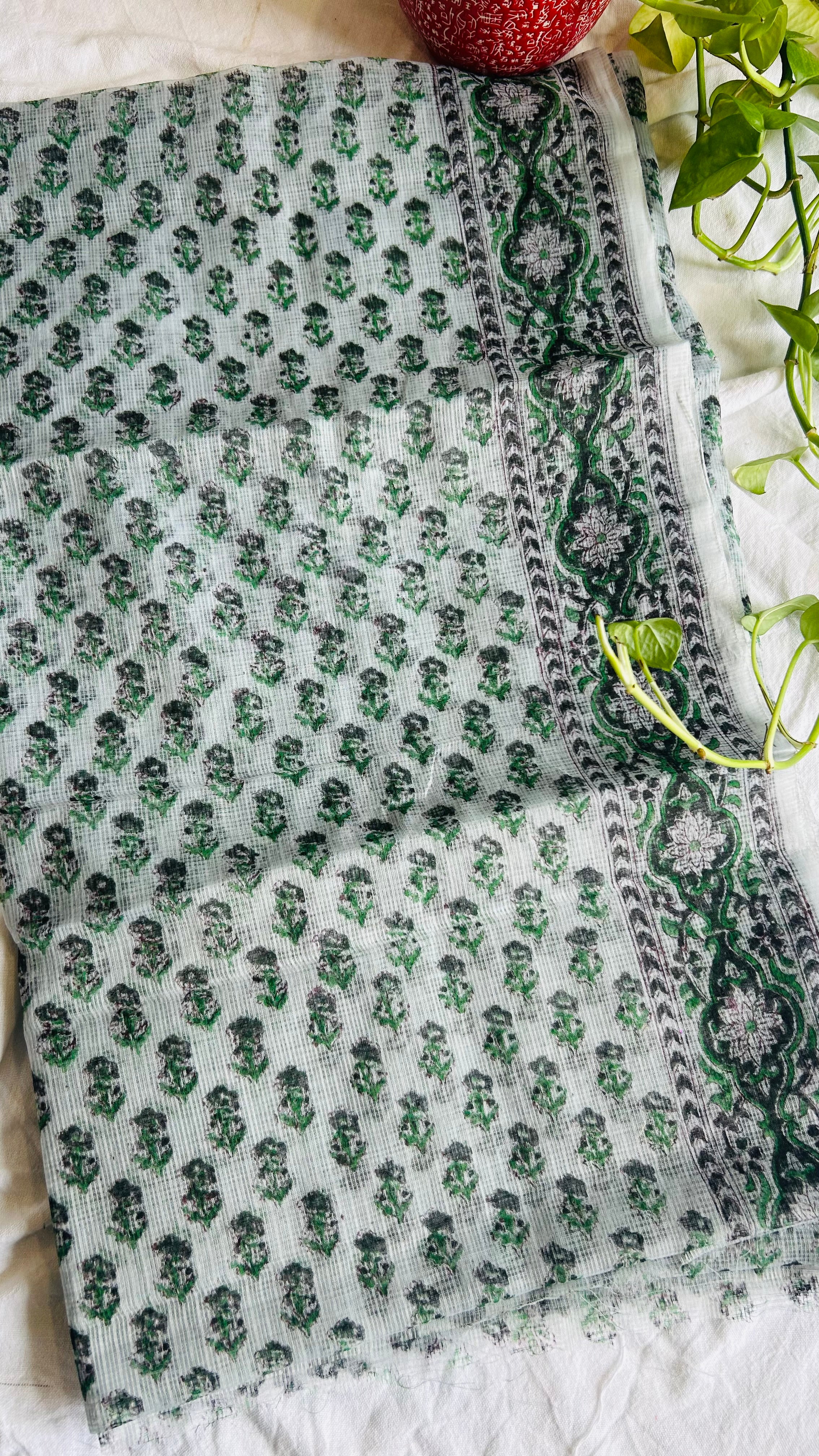 Summer Look Kota Doria Hand Block Print Suit In Grey (unstitched)