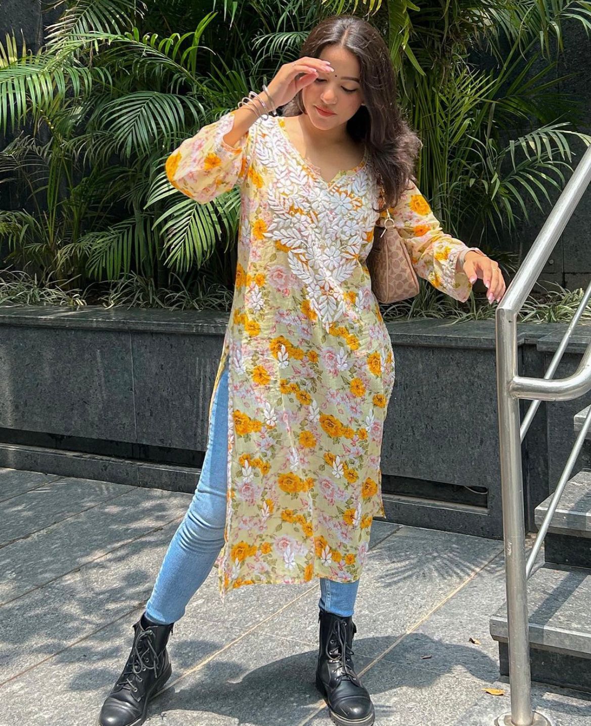 Yellow White  Mul mul cotton chikankari kurti