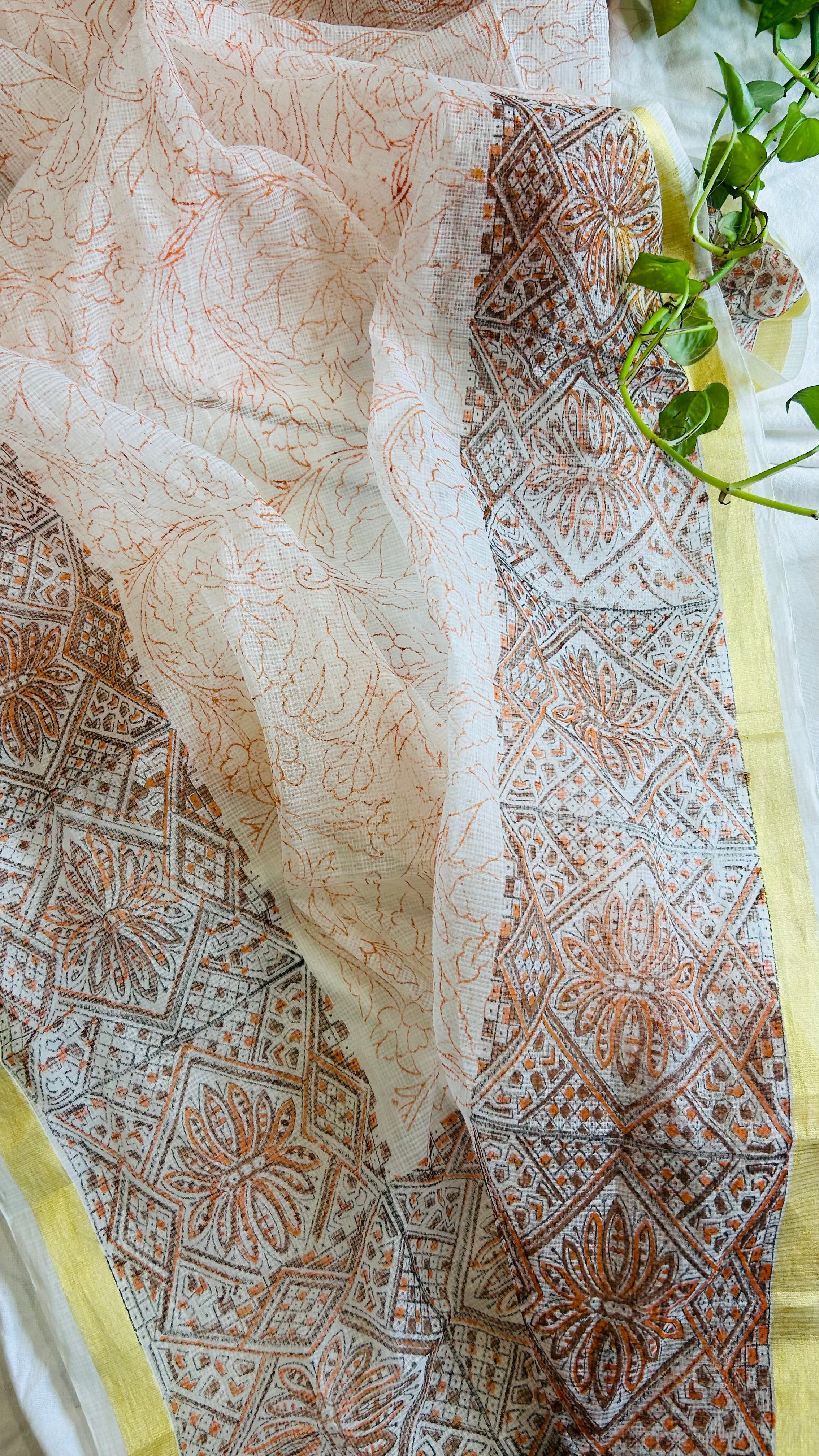 Summer Look Kota Doria Hand Block Print Suit In Cream (unstitched)