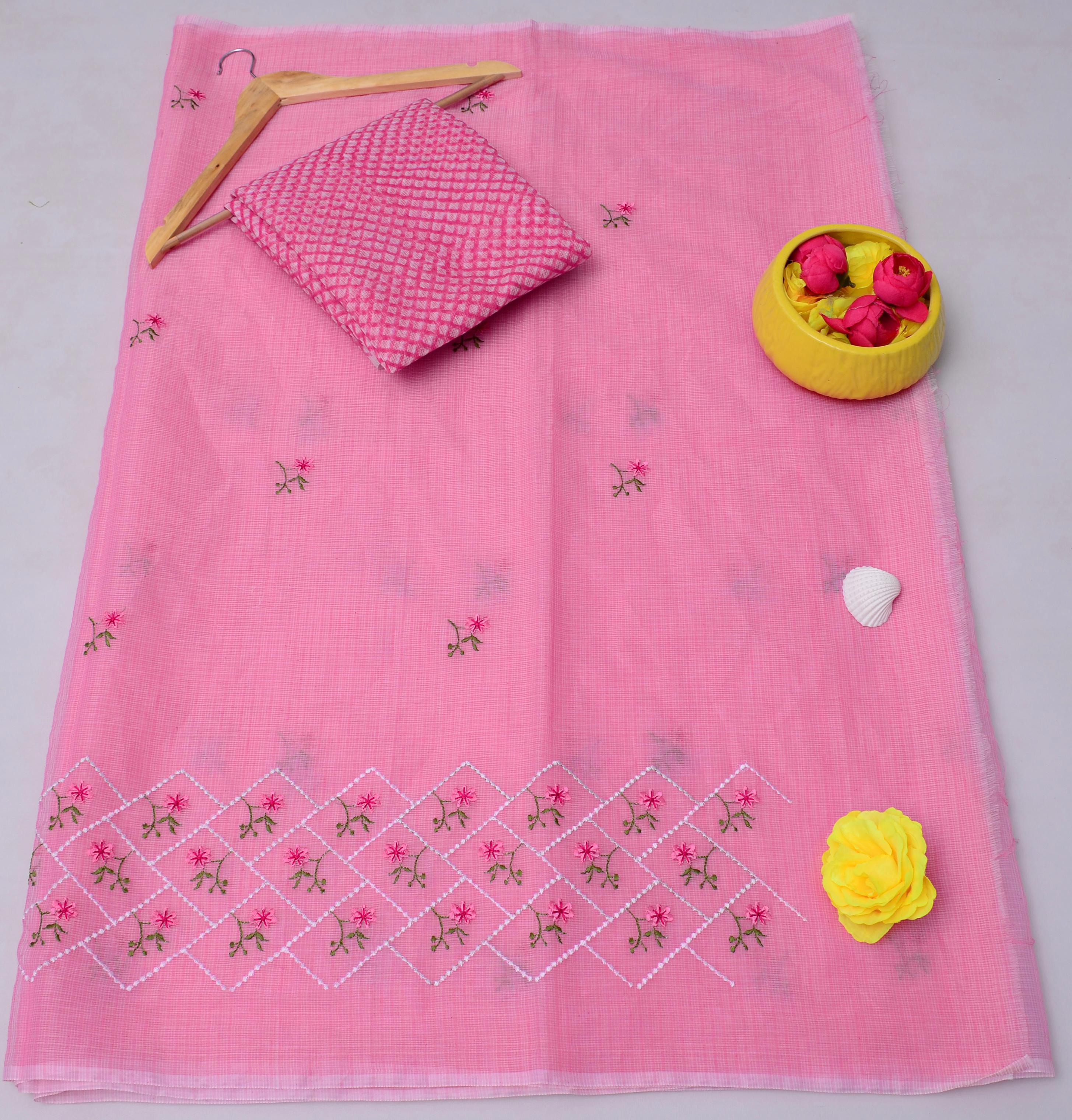 Pink Kota Doria Embroidery Work Saree