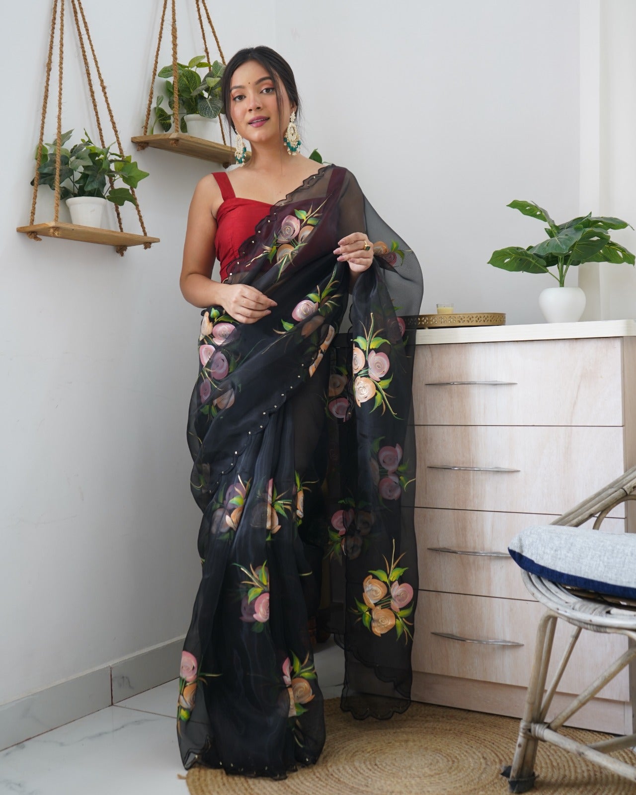 Black organza saree with multi-color buttas on its body, traditional design  border & pallu of stripes