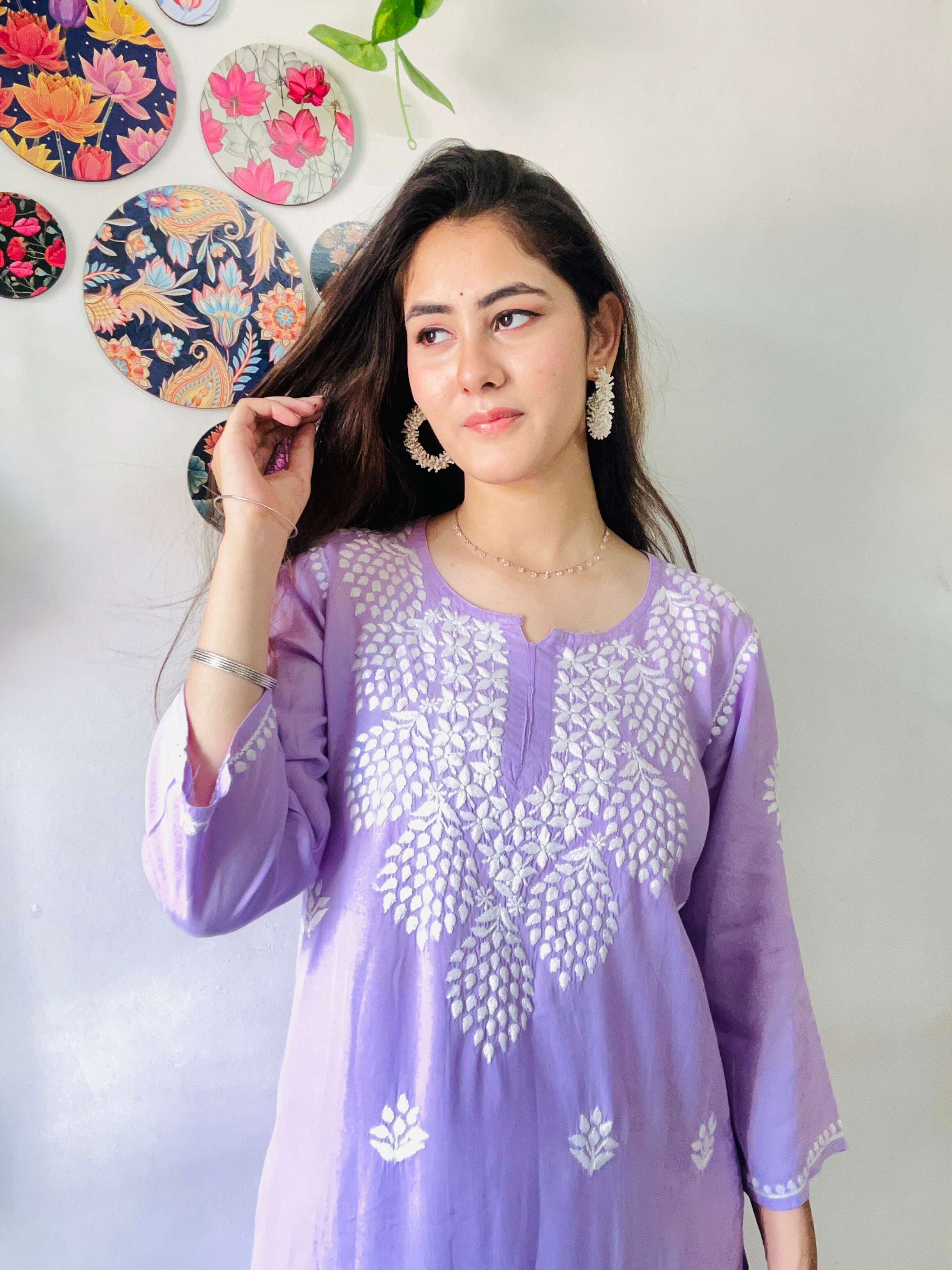 Trendy Lilac Chikankari Kurti Plazaao Set In Rayon