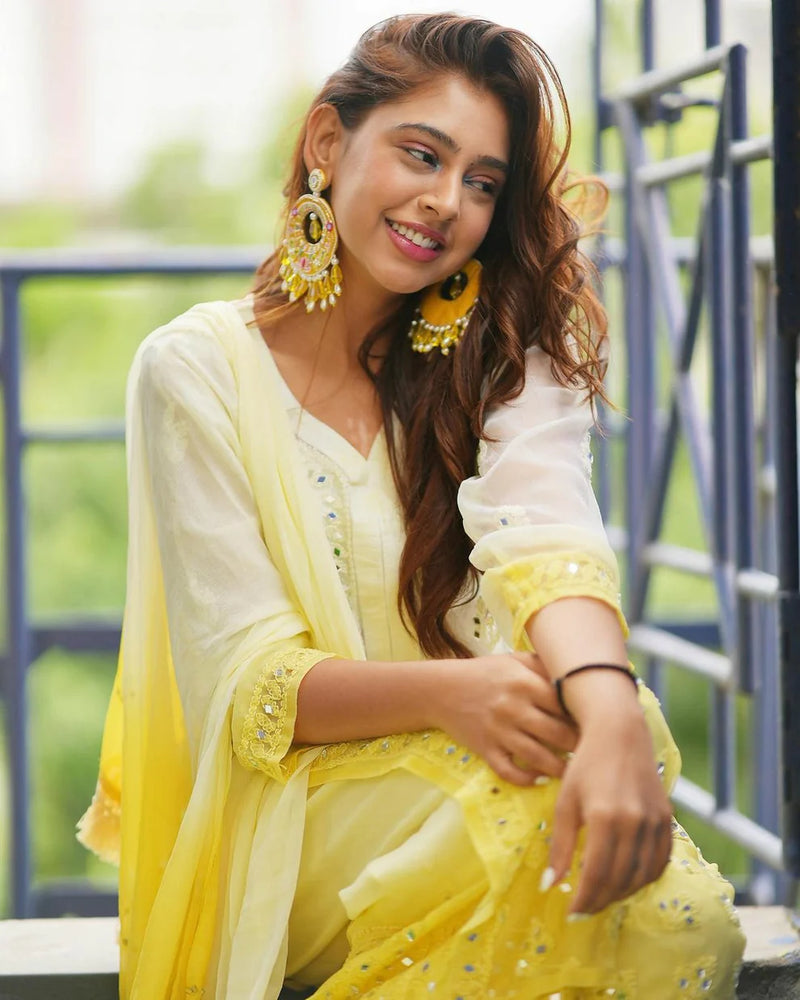 Yellow Mirror Work Chikankari Sharara Set