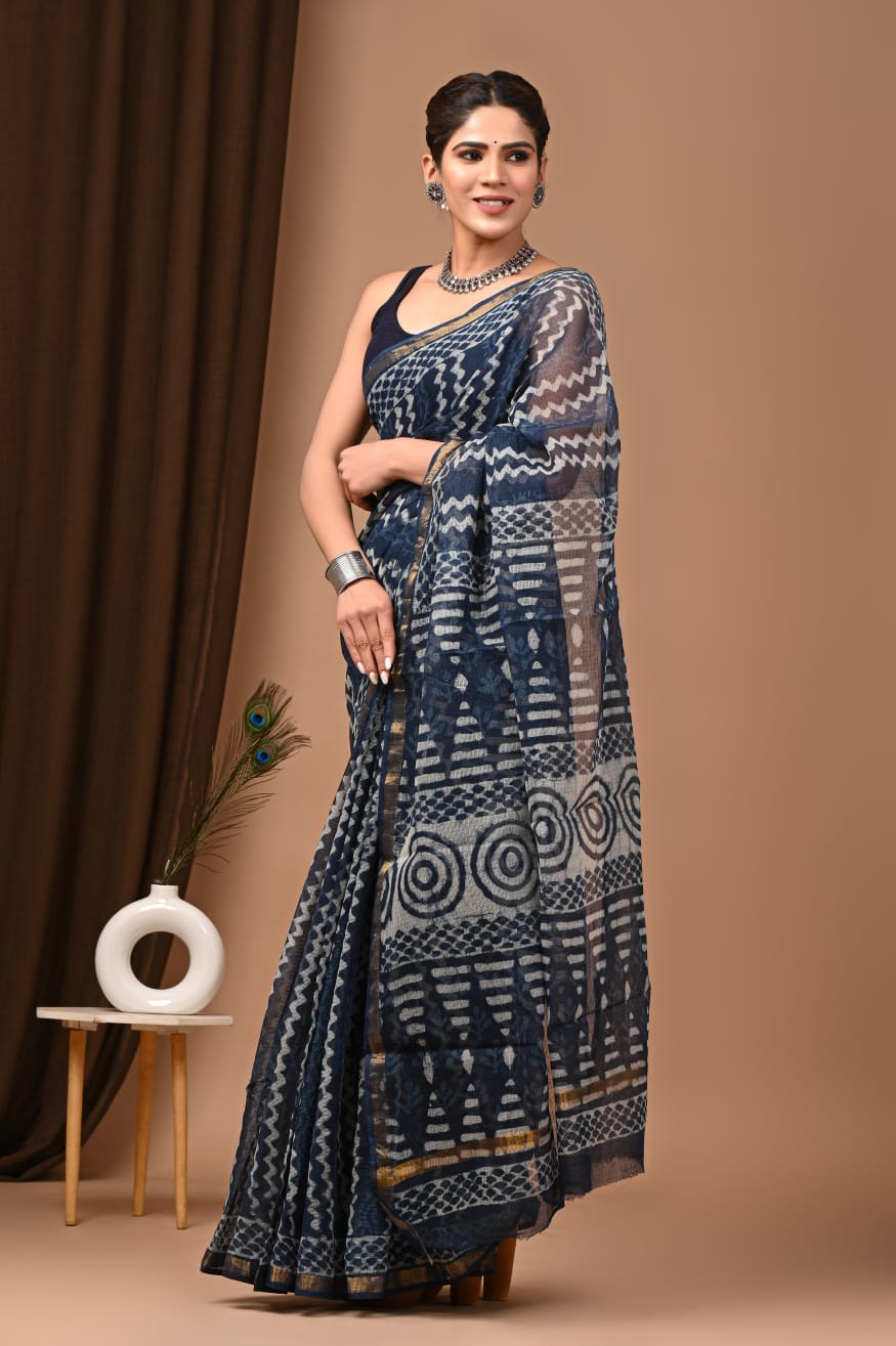 Trending Ink Blue Kota Doria Traditional Print Saree