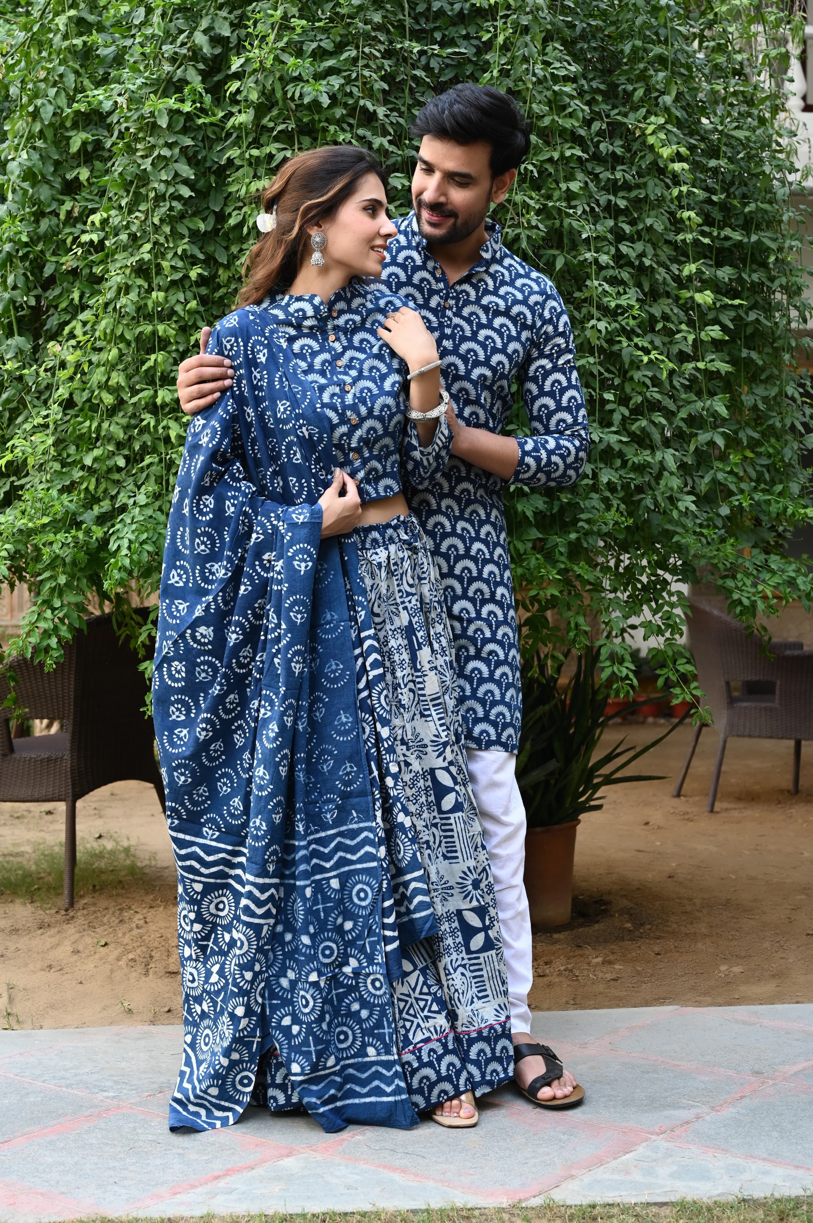 Indigo Pure Cotton Twinning Couple Set In Block Print