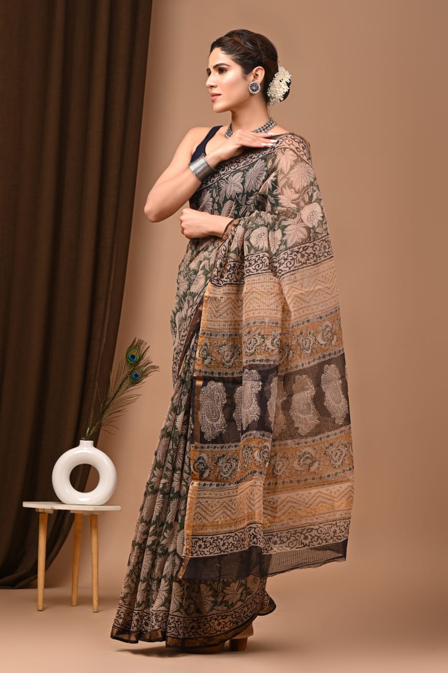 Trending Brown Black Kota Doria Traditional Print Saree