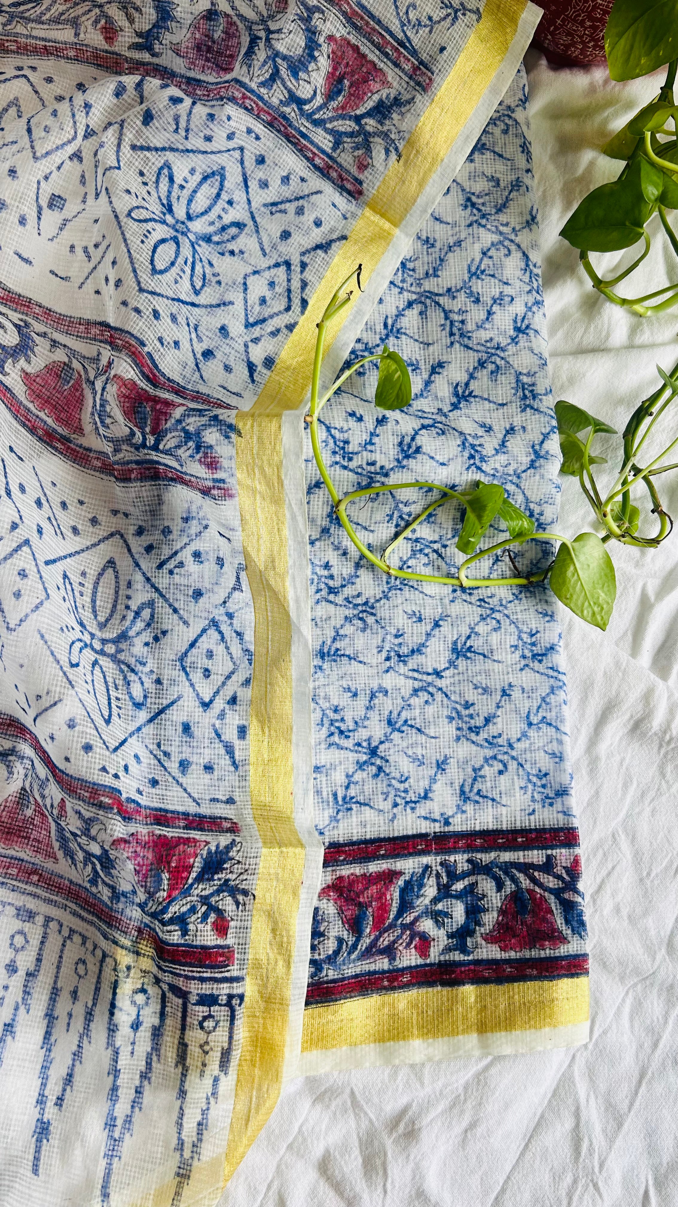Summer Look Kota Doria Hand Block Print Suit In Blue (unstitched)