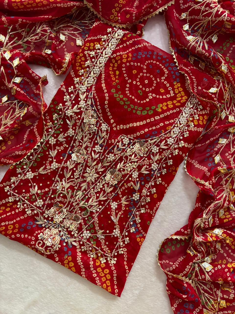 Red Bandhej Gota Patti Suit