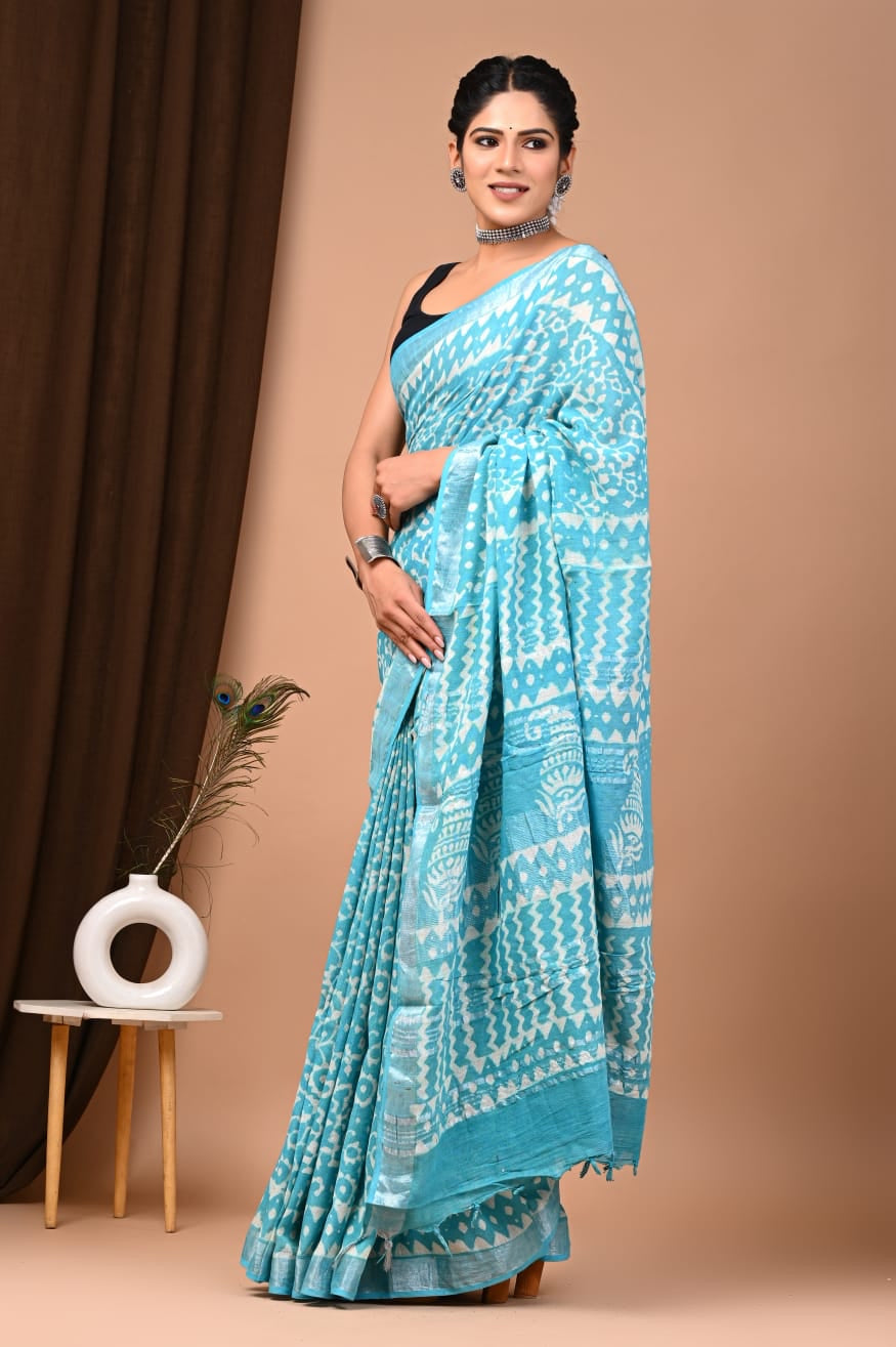 Sky Blue Pure Linen Saree