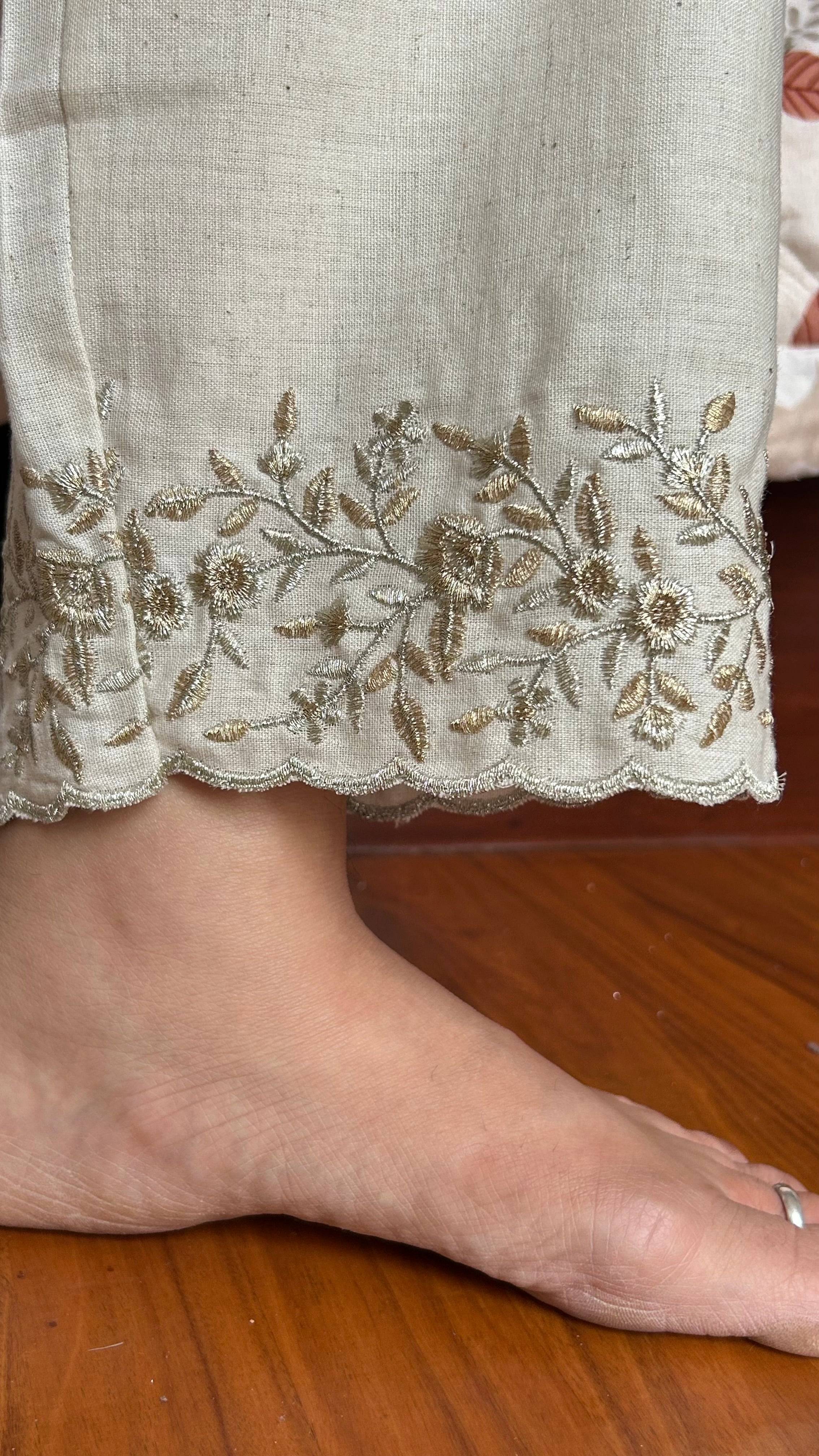Beautiful Zardosi-Zari Embroidery Cream Straight Pant In Cotton