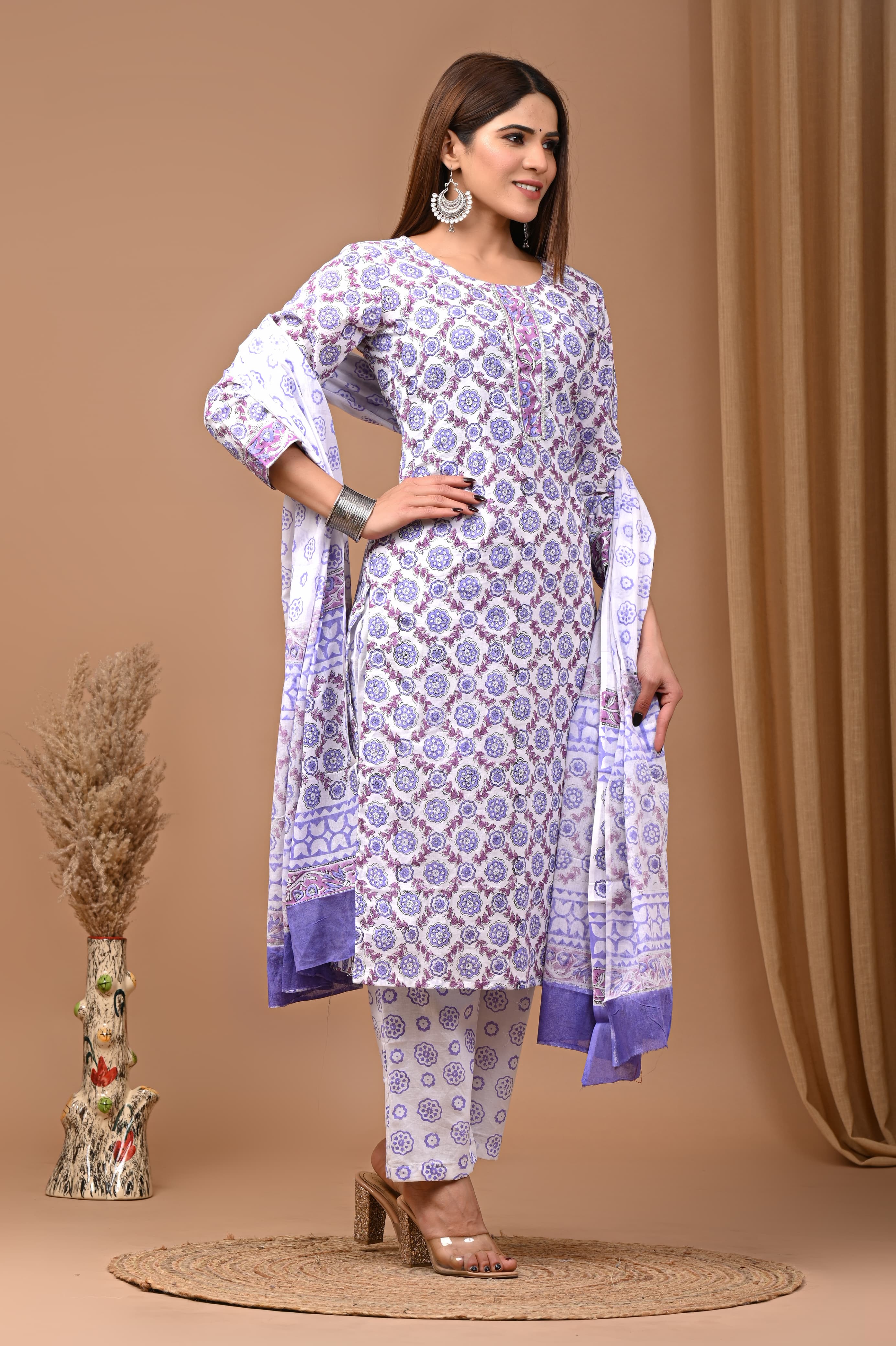 Purple Blue Block Print Suit Set With Dupatta