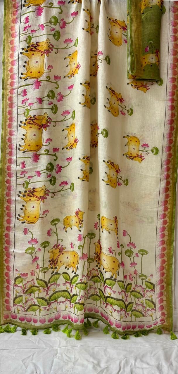 Pichwai and Nandi look Linen Saree