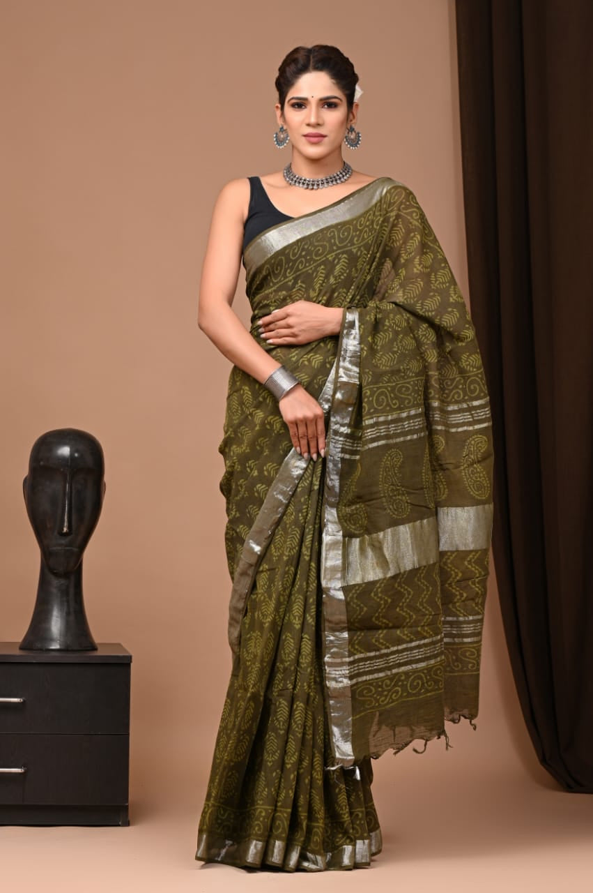 Green Pure Linen Saree