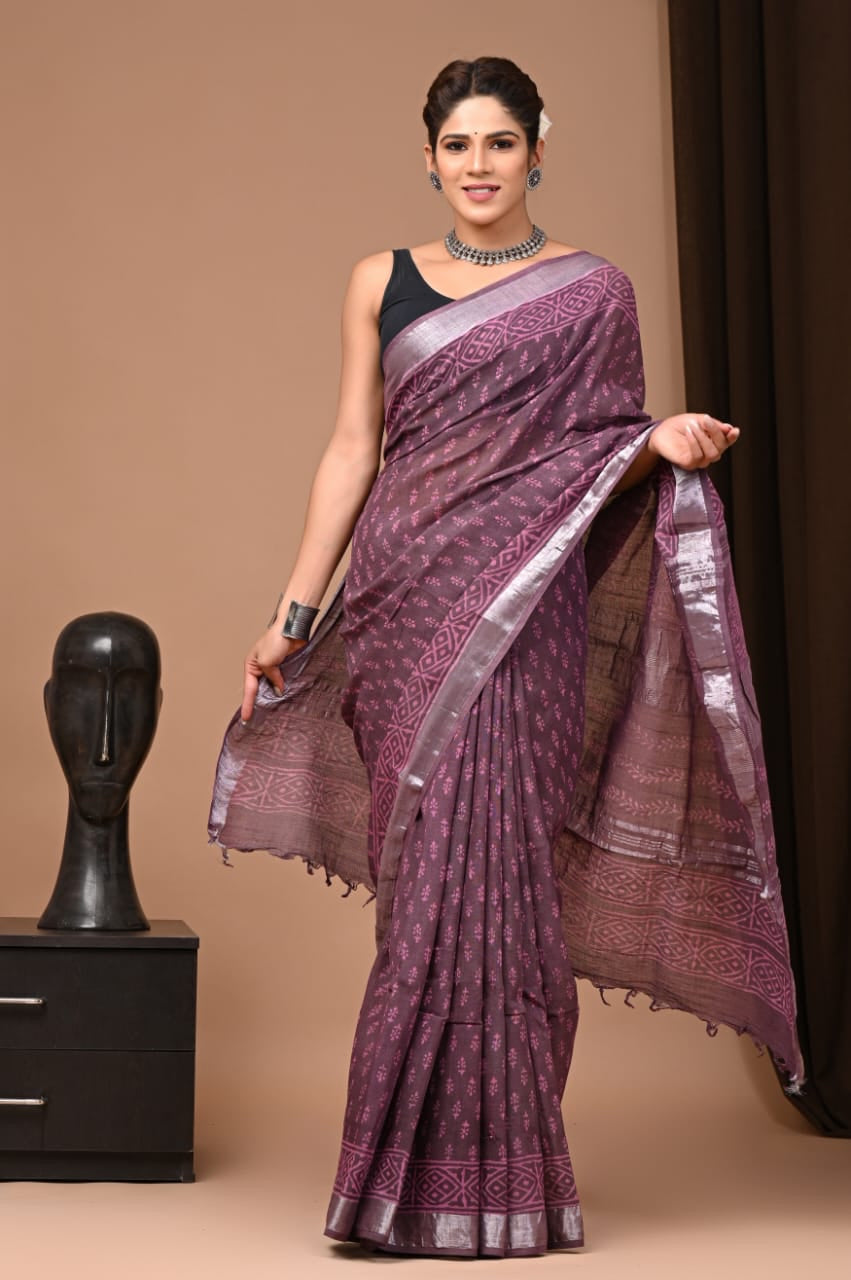 Wine Bagru Linen Cotton Saree