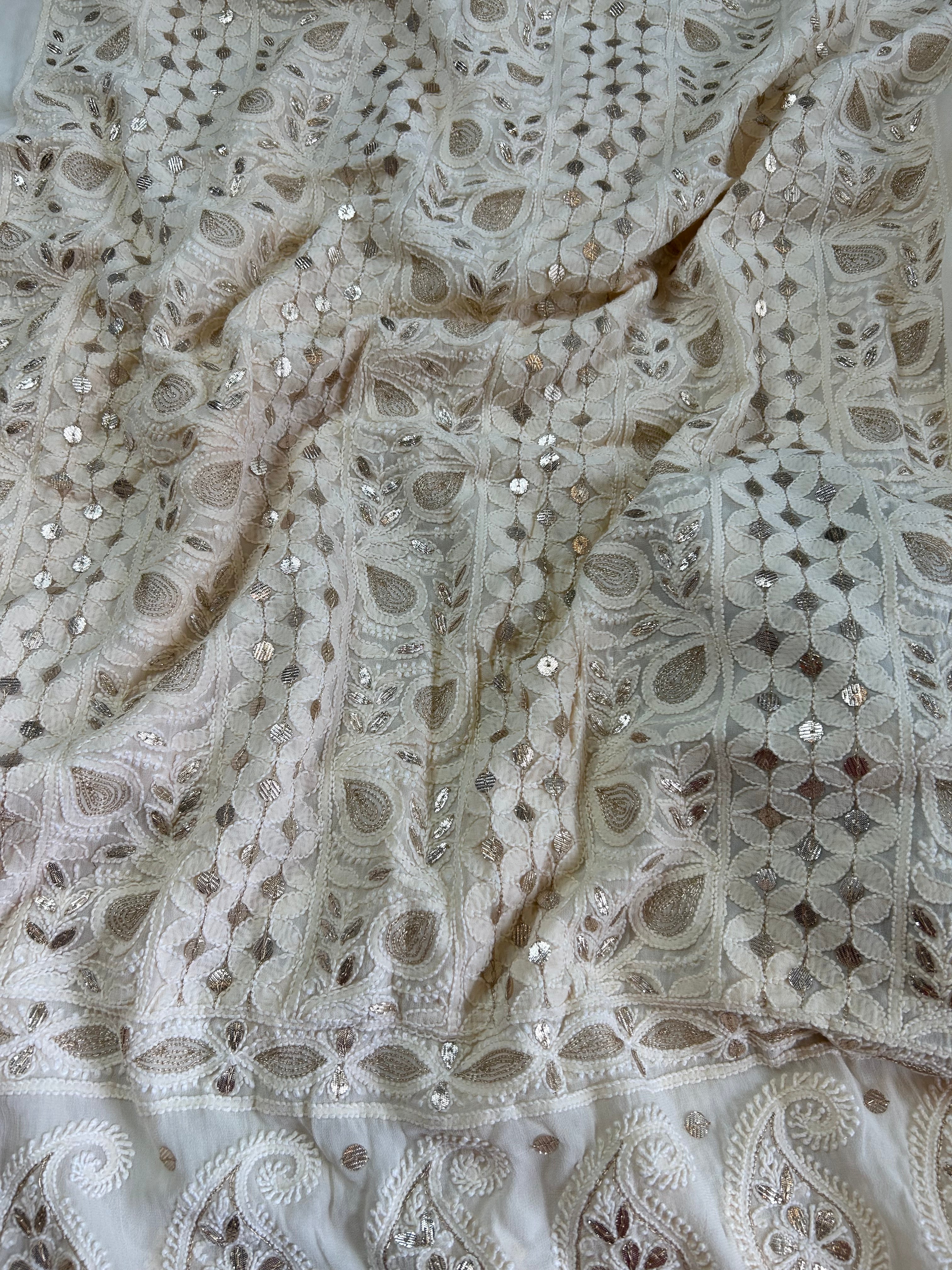 Beautiful Cream Colour Chikankari Gota Patti Unstitched Salwar Kameez