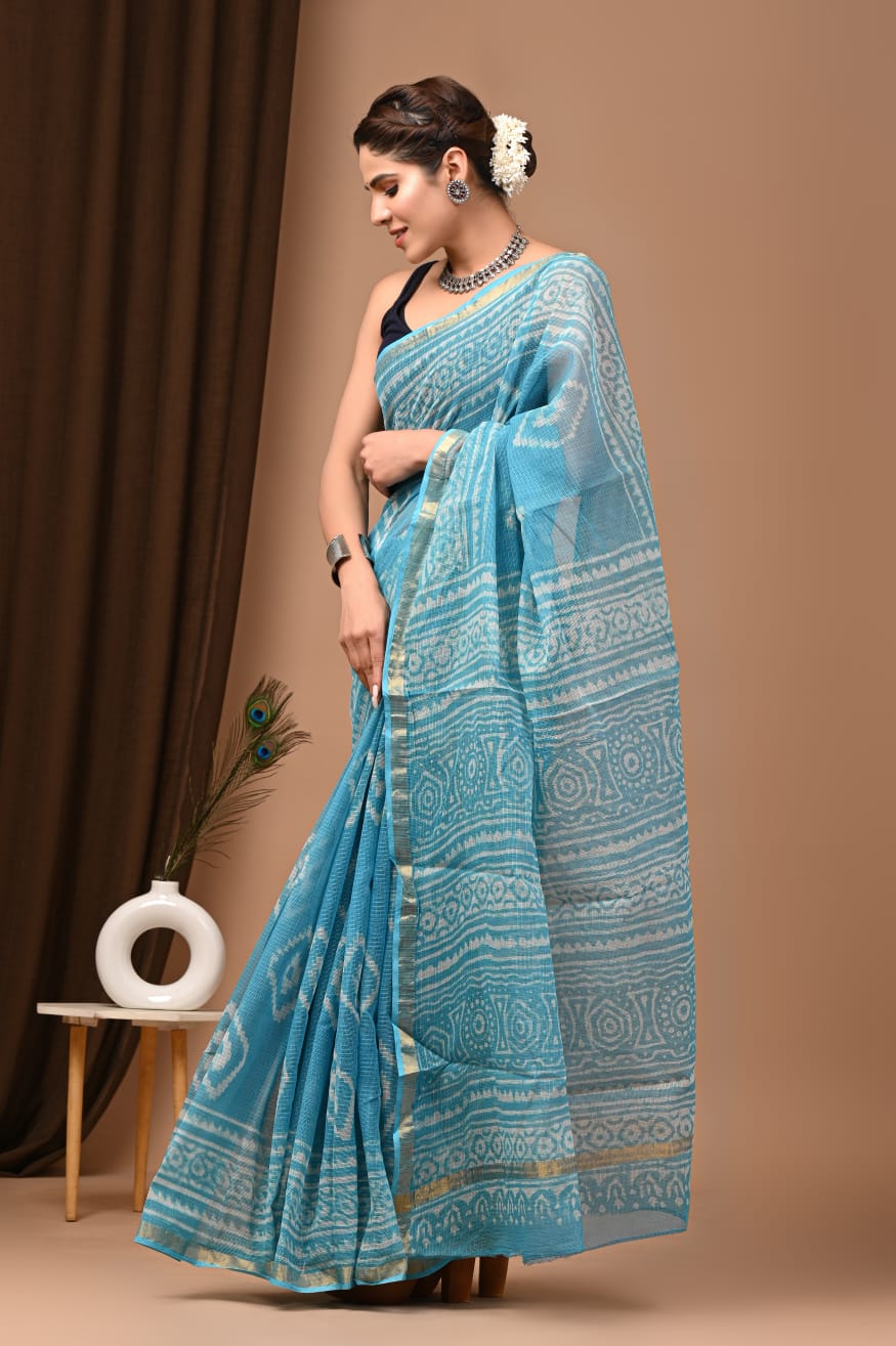 Elegant Ocean Blue Kota Doria Traditional Print Saree