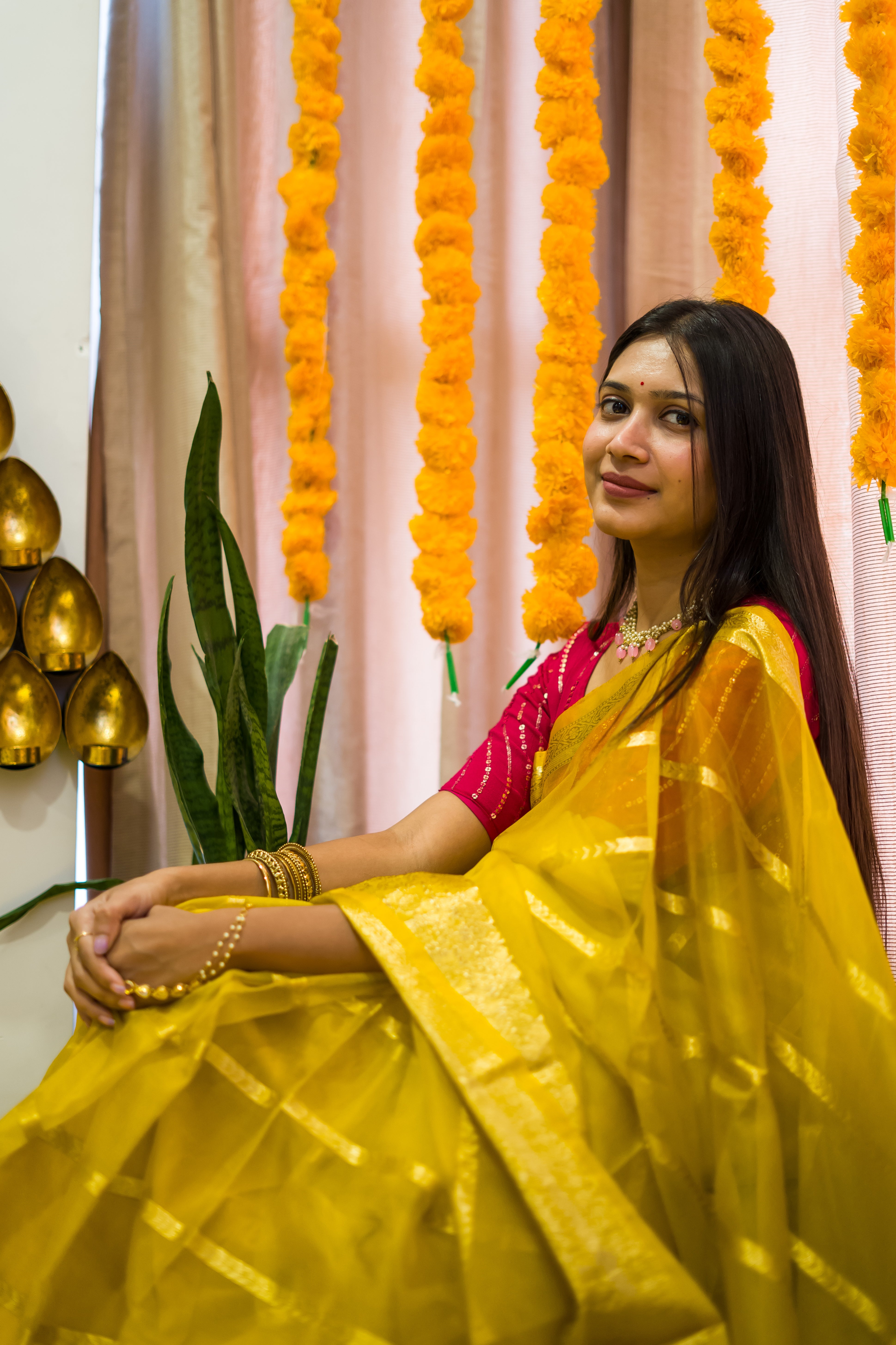 Yellow Banarasi Kora Silk Sari