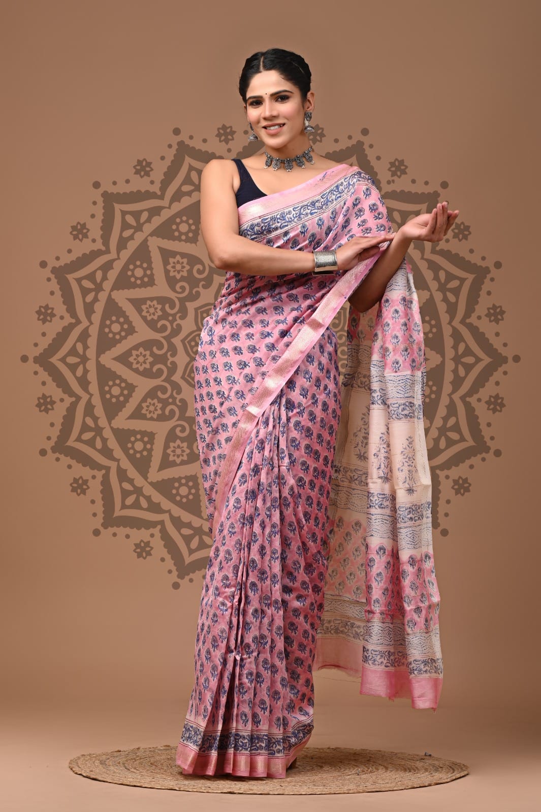 Pink Maheshwari Bagru Print Saree