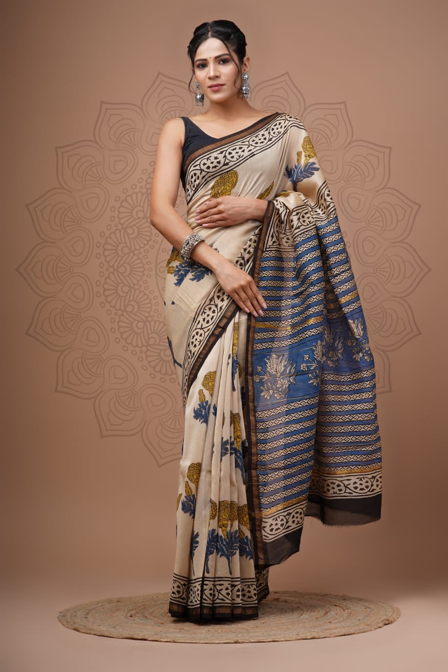 Cream Chanderi Handblock Printed Saree