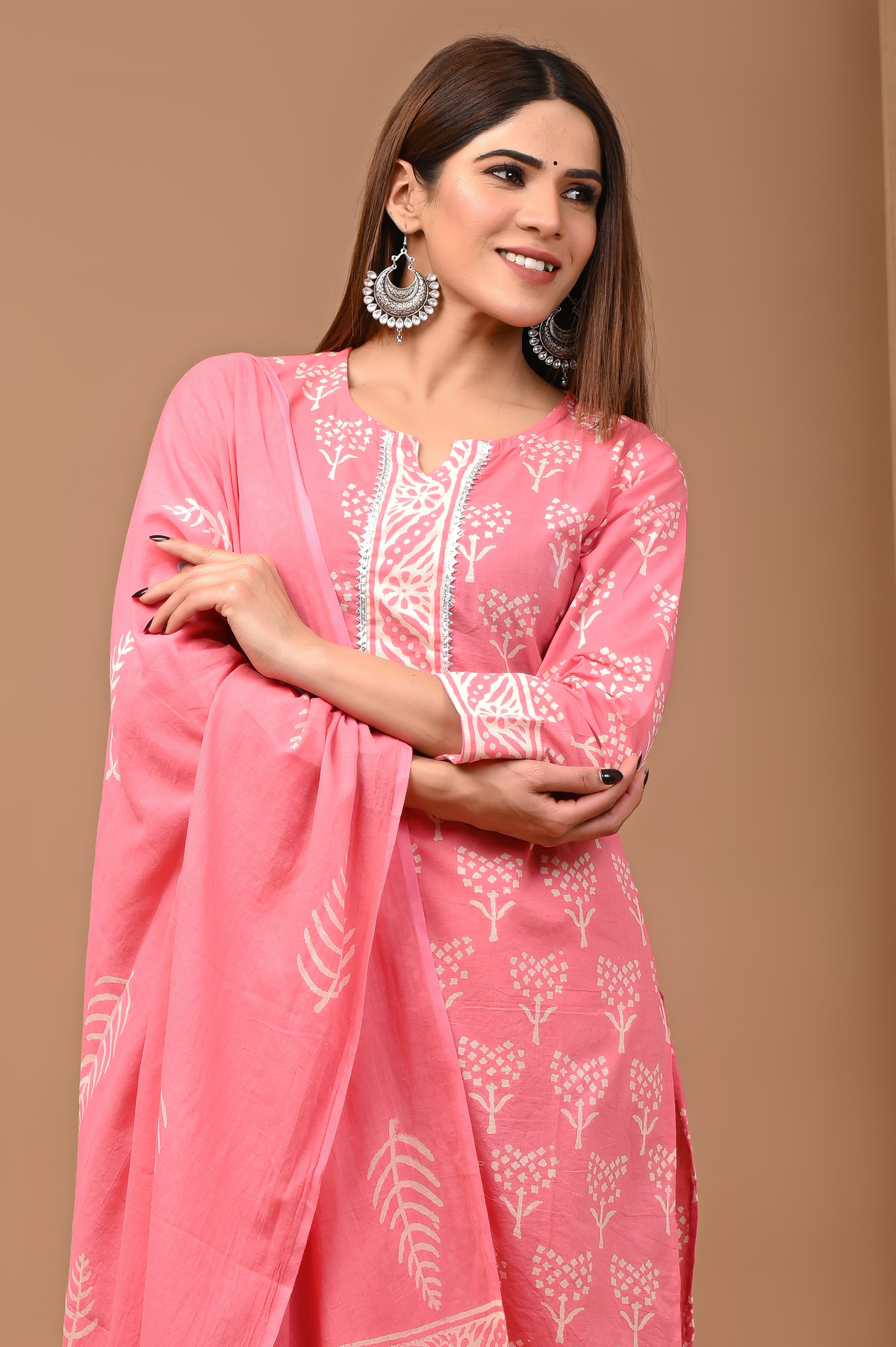 Gajri Pink Block Print Suit Set And Dupatta