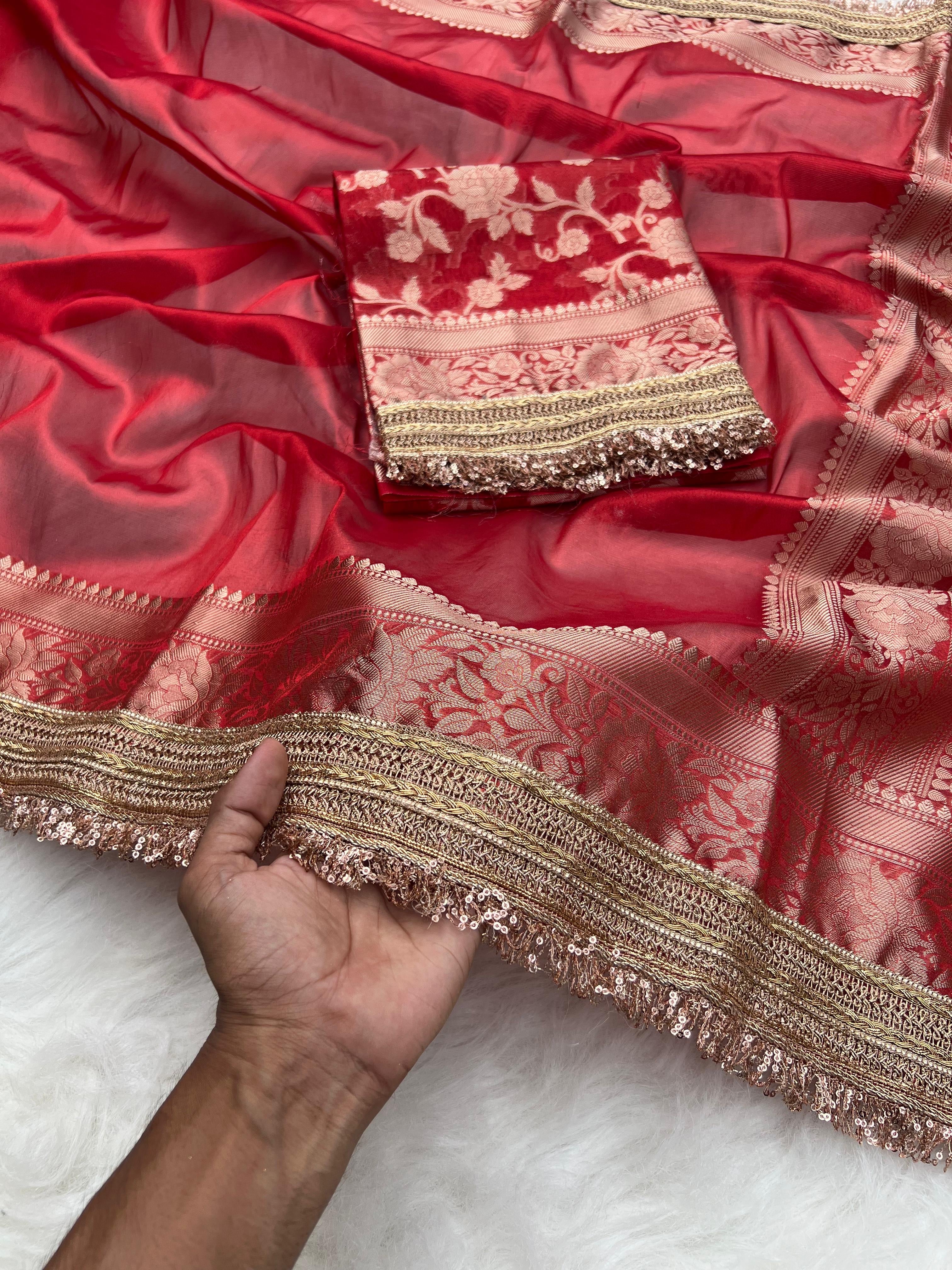 Red Chamki Banarasi Tissue Saree